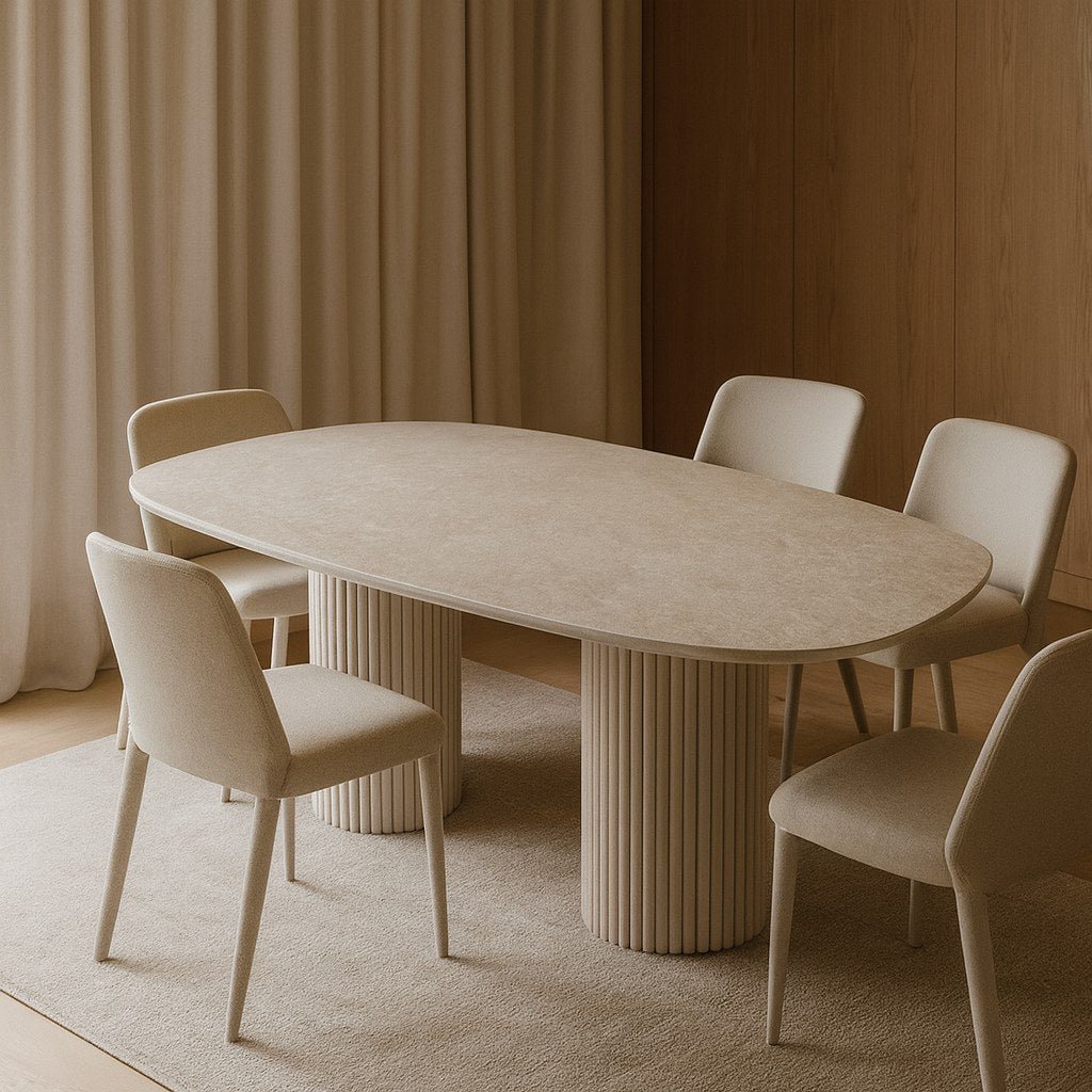Mesa de jantar de tampo orgânico em sala de jantar com cadeiras estofadas, cortina e painel de madeira