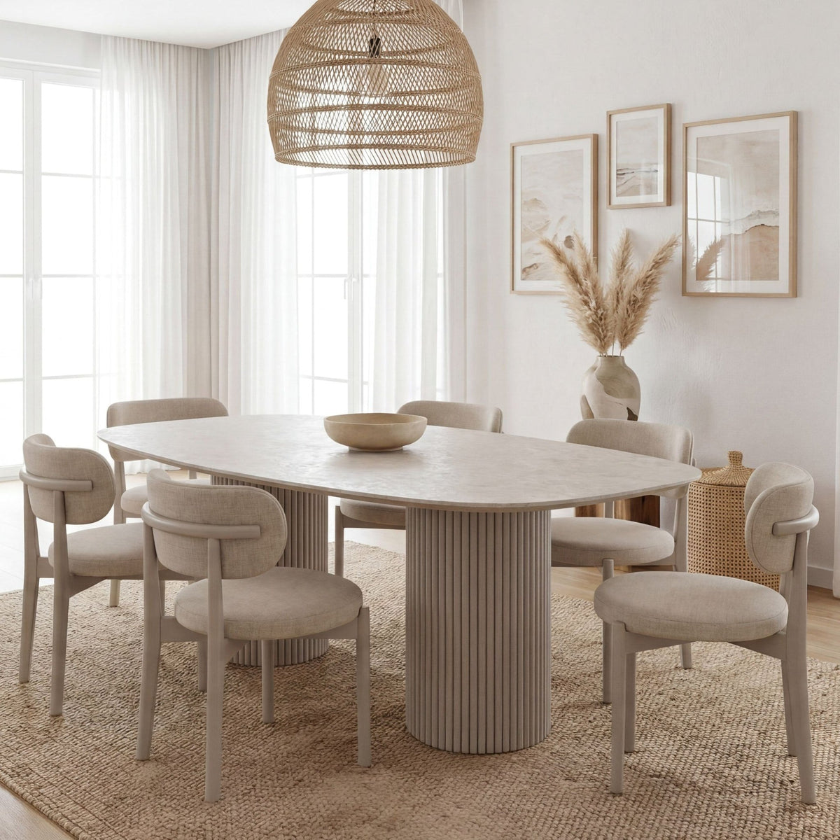 Mesa de jantar orgânica em sala de jantar com cadeiras estofadas, pendente de fibra e quadros na parede