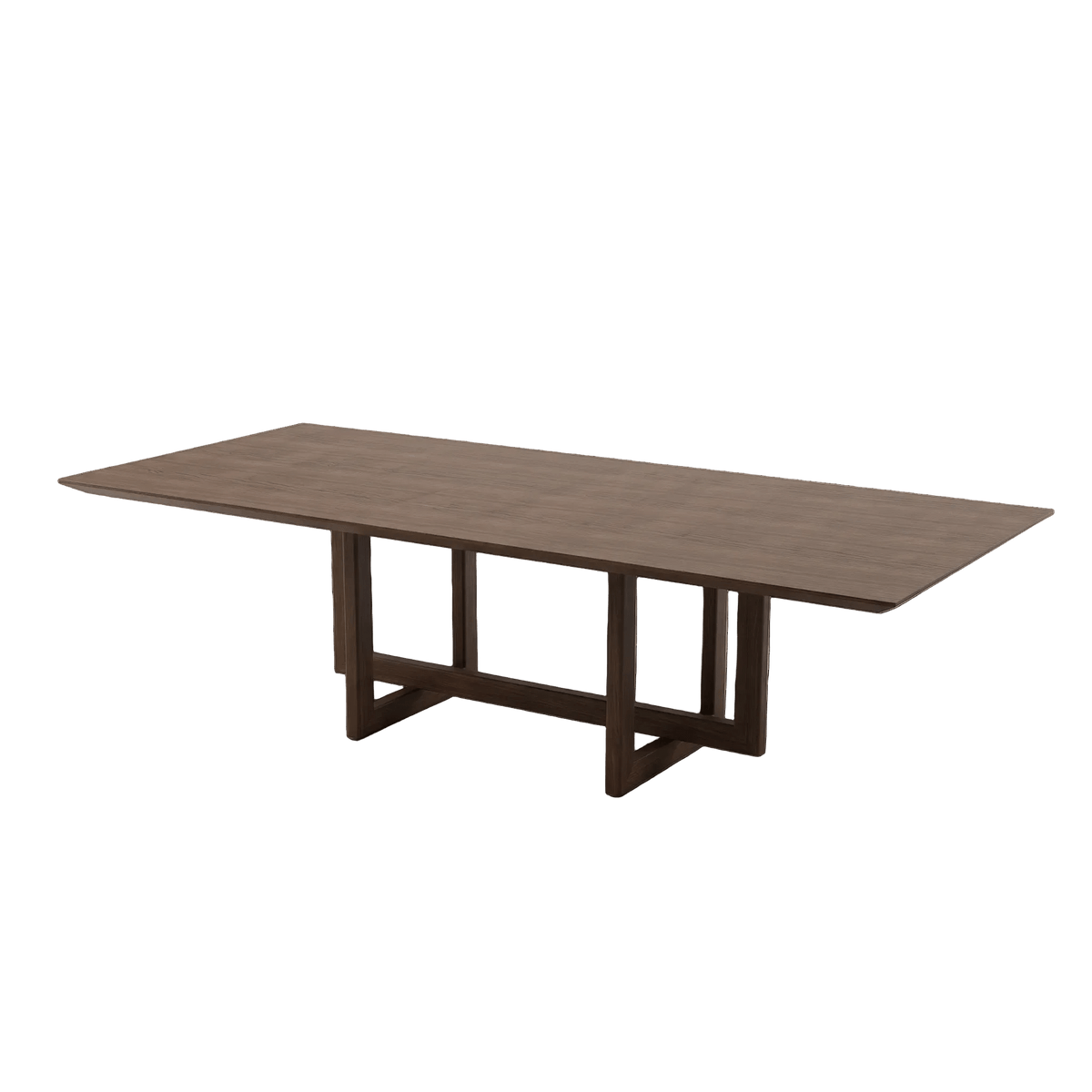 Mesa de jantar retangular de cantos em ângulo com tampo de madeira e base de pés robustos com travessas