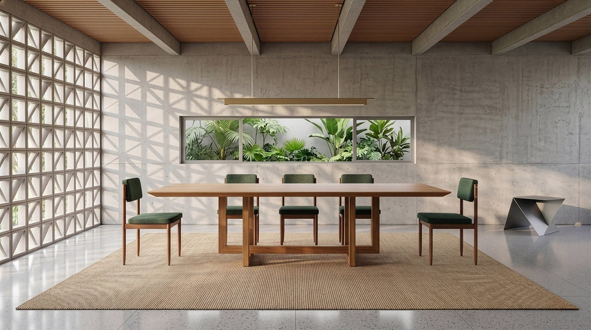 Mesa de jantar de madeira em sala de jantar com cadeiras estofadas, parede de cobogó e janela para jardim