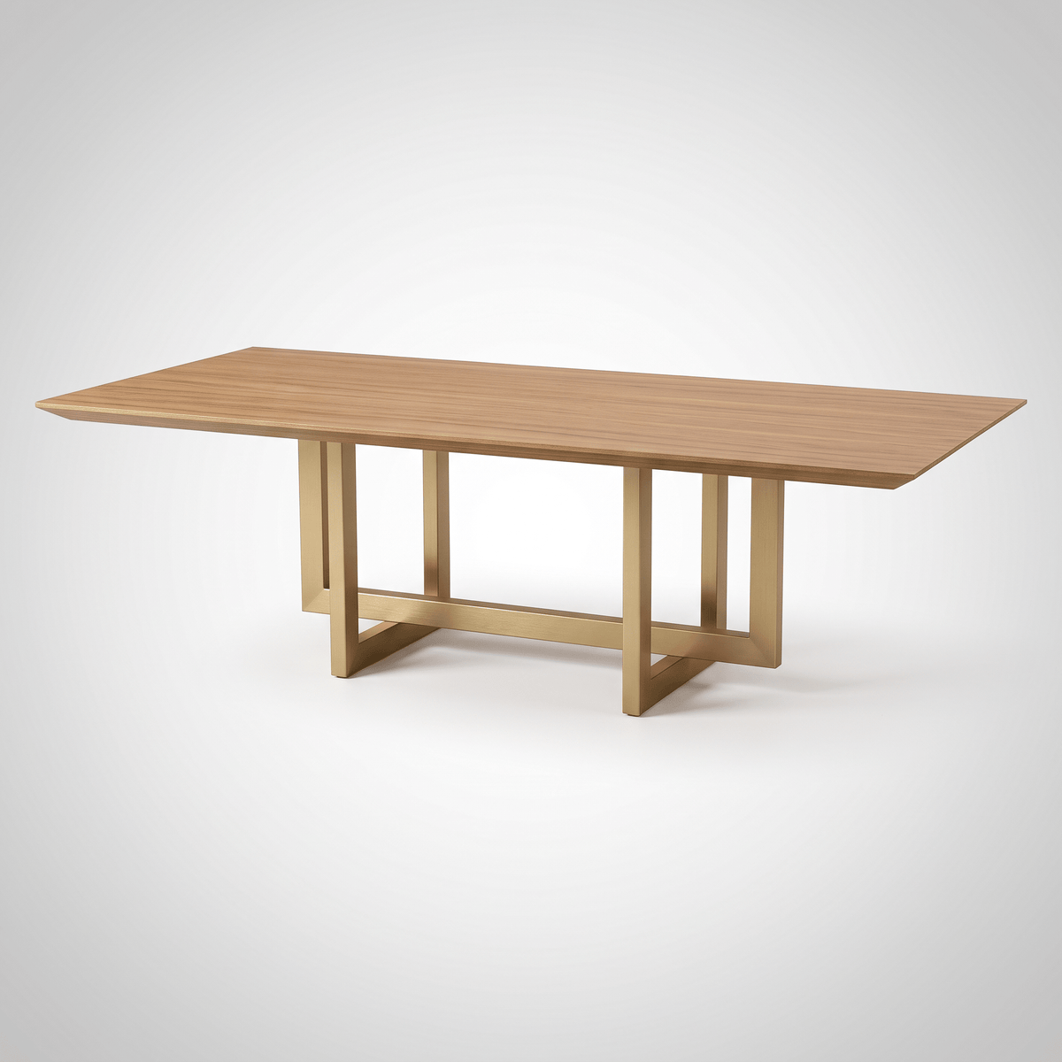 Mesa de jantar com tampo e base de madeira no mesmo acabamento, pés duplos e travessas, vista frontal