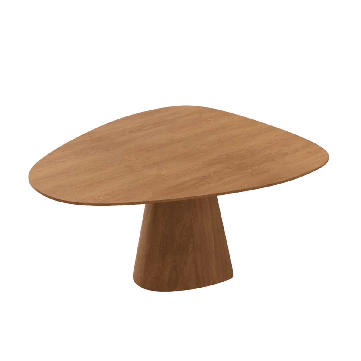 Mesa de jantar de tampo orgânico arredondado sobre base pedestal de madeira