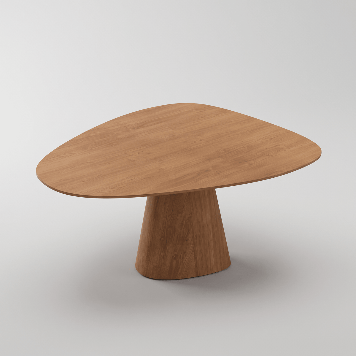 Mesa de jantar de contorno orgânico com base pedestal cônica de madeira, vista de três quartos
