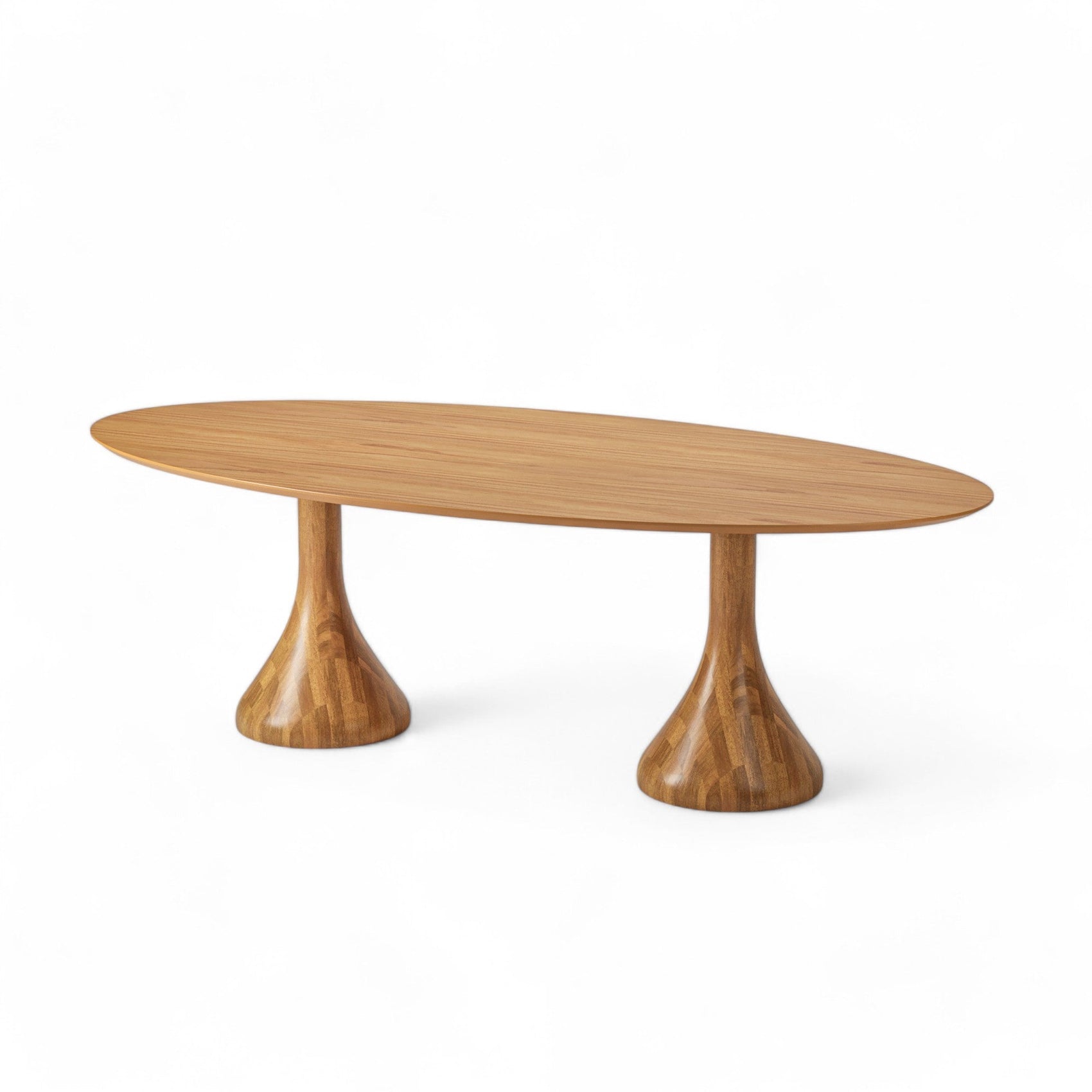 Mesa oval de madeira com tampo liso e duas bases em pedestal