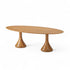Mesa oval de madeira com tampo liso e duas bases em pedestal