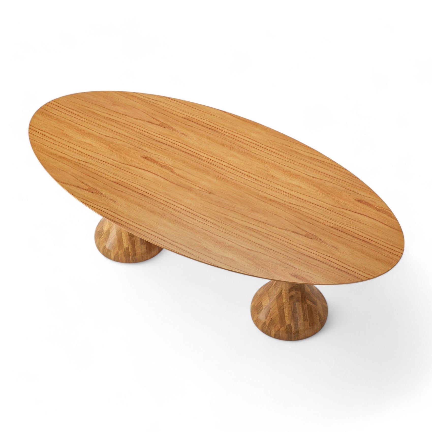 Mesa oval de madeira com tampo liso e duas bases em pedestal em ângulo