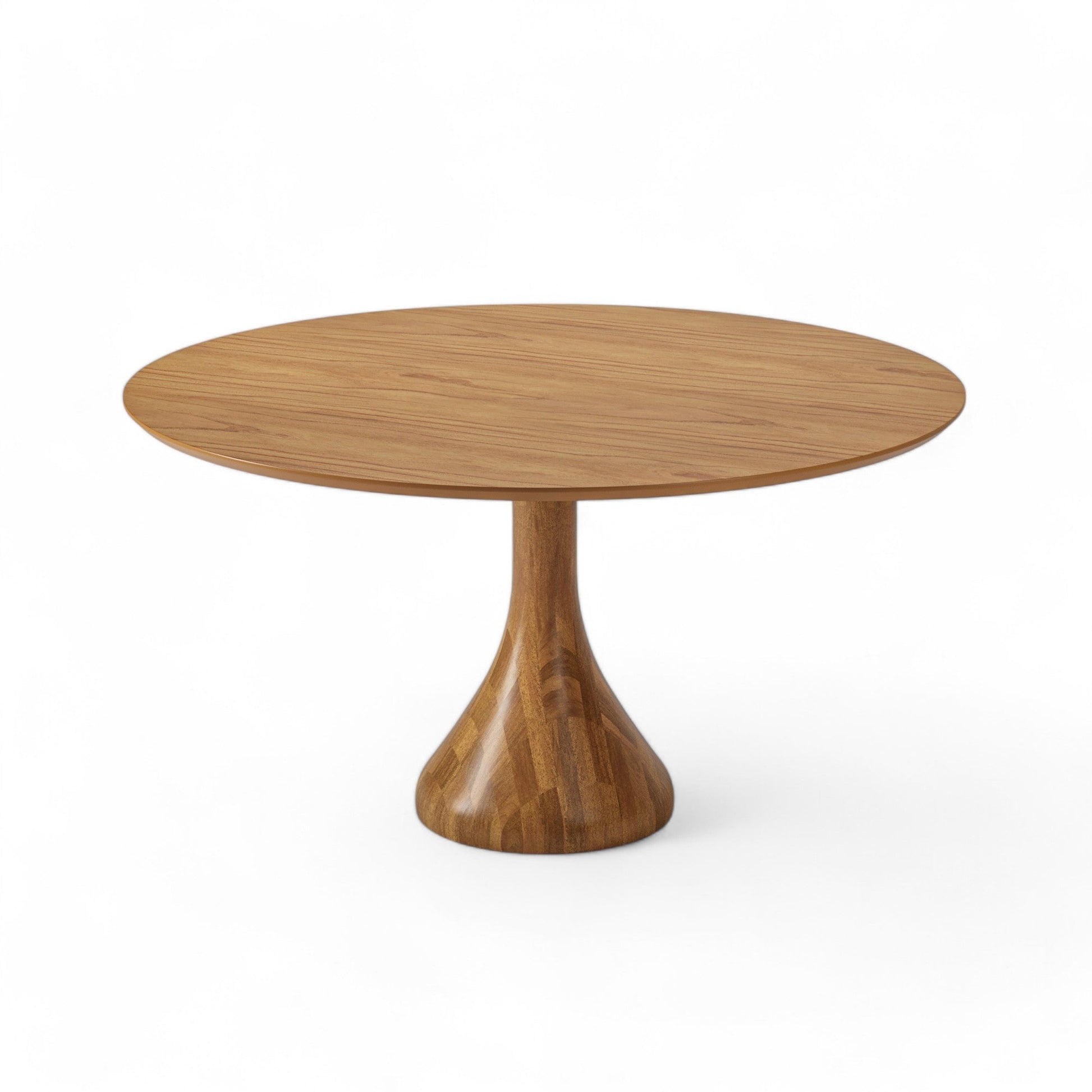 Mesa redonda de madeira laminada com tampo circular e base central em pedestal