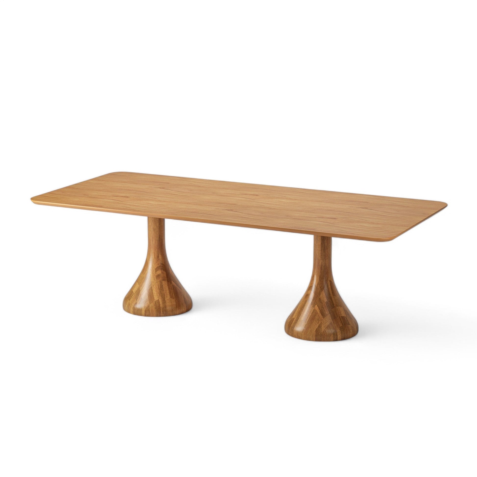 Mesa retangular de madeira clara, tampo liso e duas bases pedestal em formato de sino