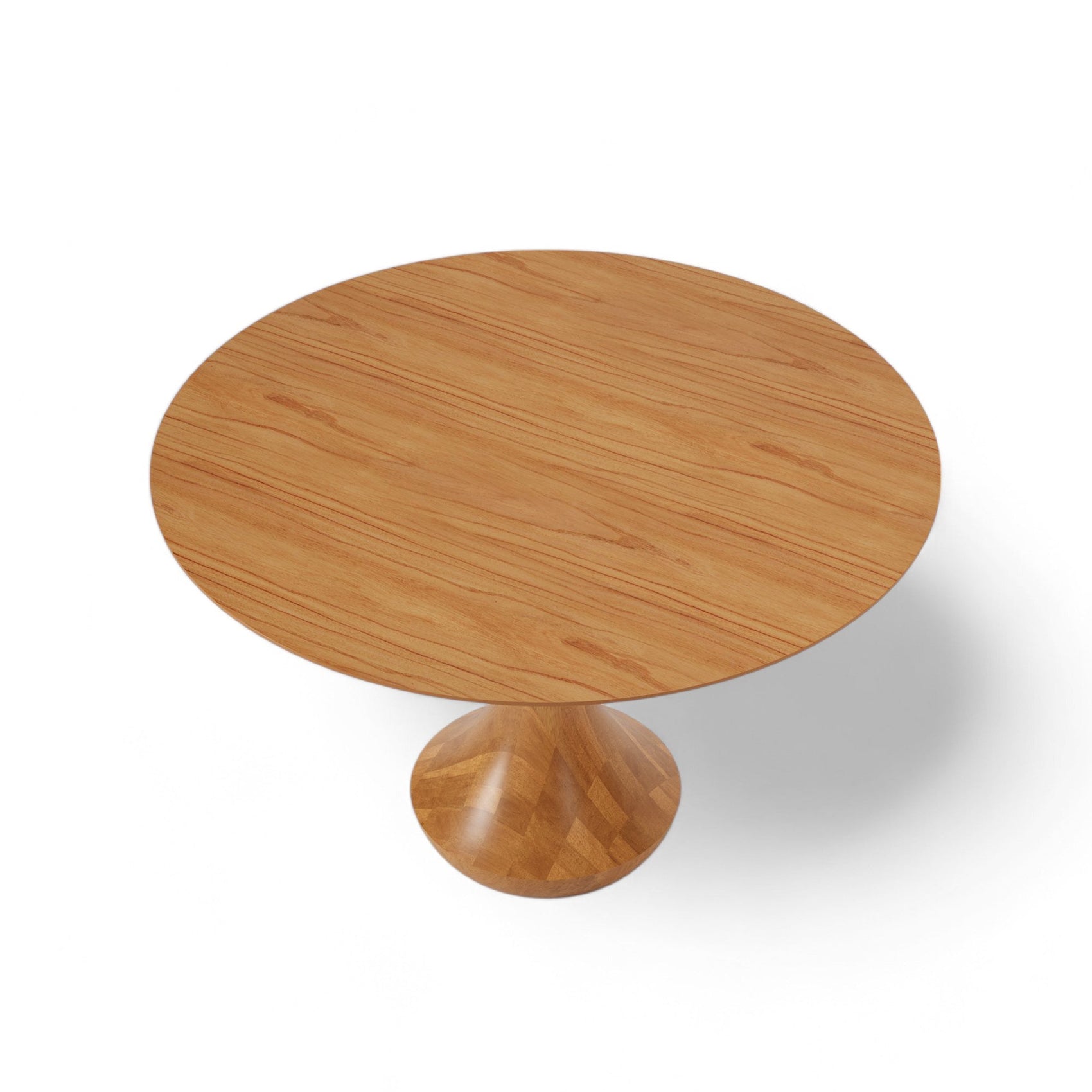 Mesa Mahal redonda de madeira, tampo circular e base pedestal torneada