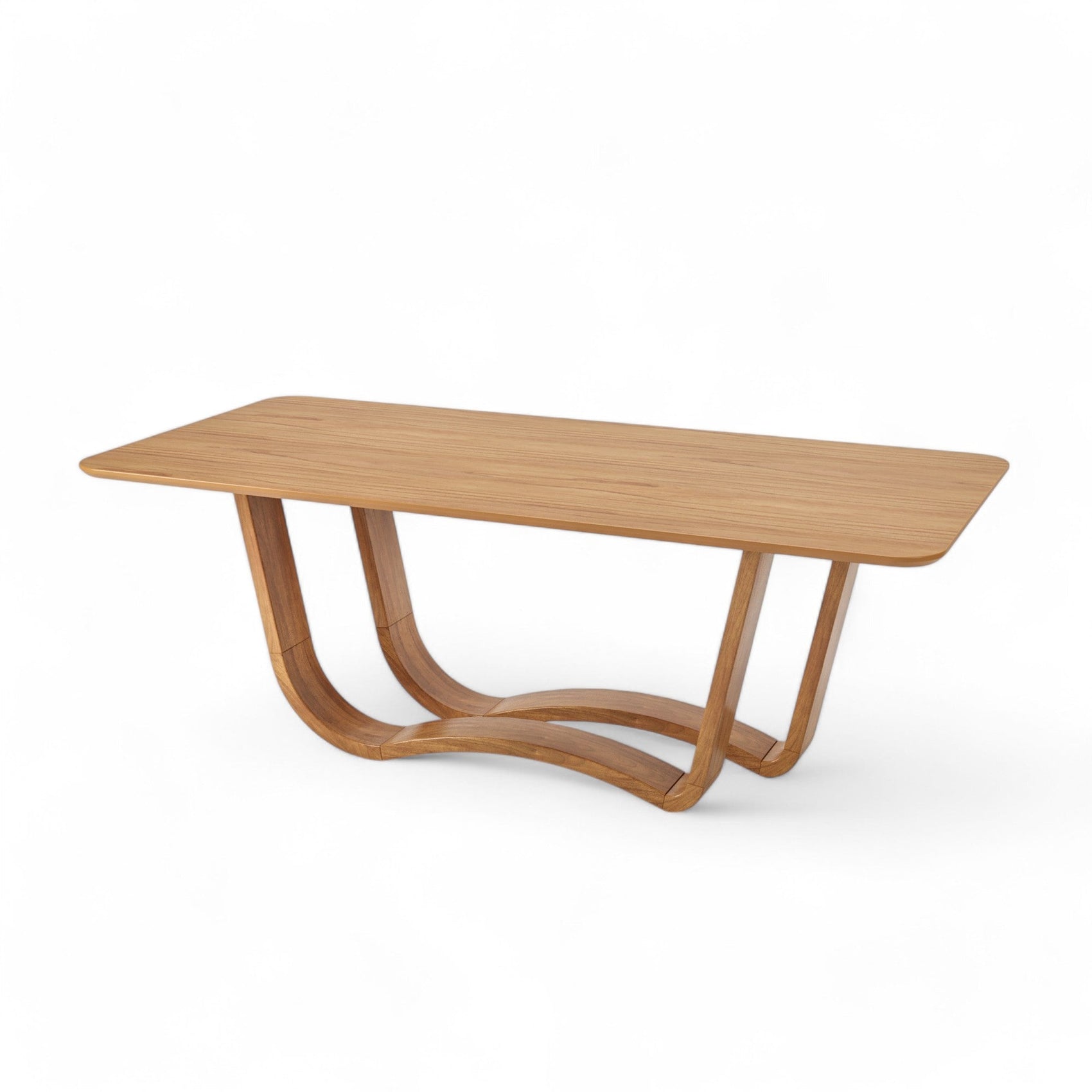 Mesa de madeira clara com tampo retangular e base em arco ondulado