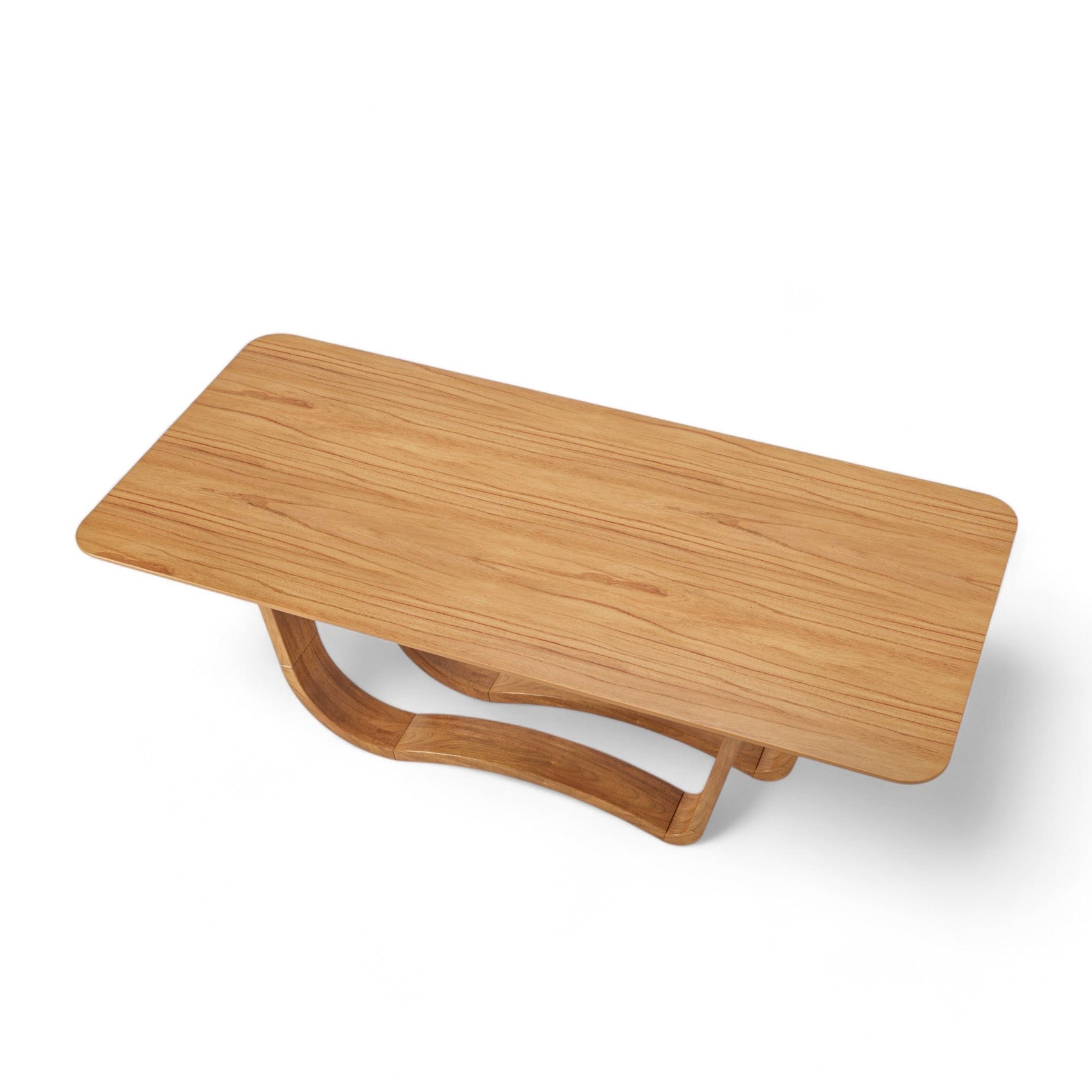 Mesa de madeira clara com tampo retangular e base central ondulada
