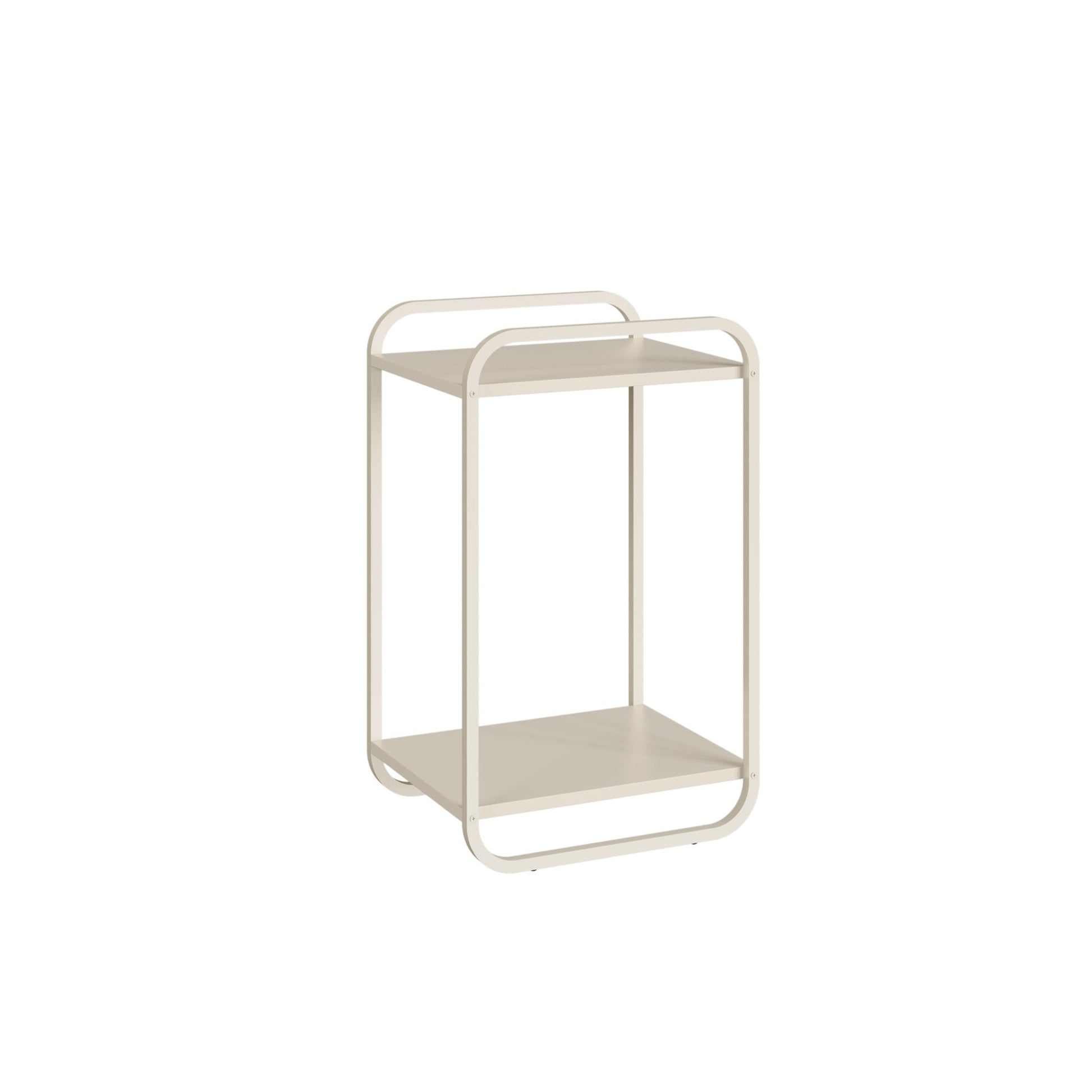 Mesa lateral de metal off-white com tampo e prateleira inferior, estrutura vazada