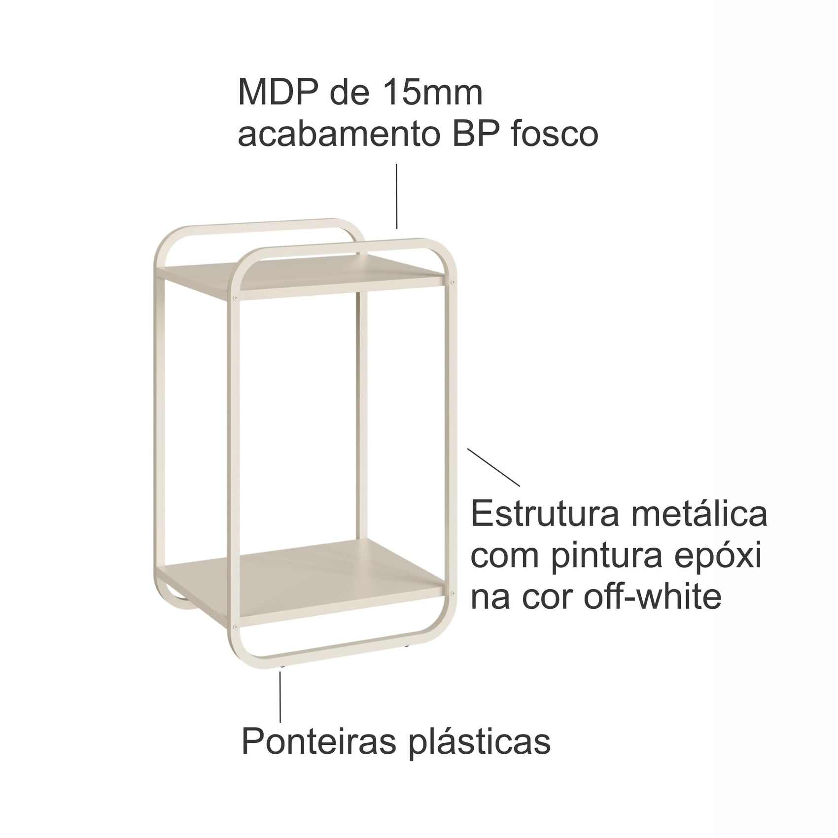 Mesa lateral off-white com estrutura metálica e prateleira inferior, design vazado