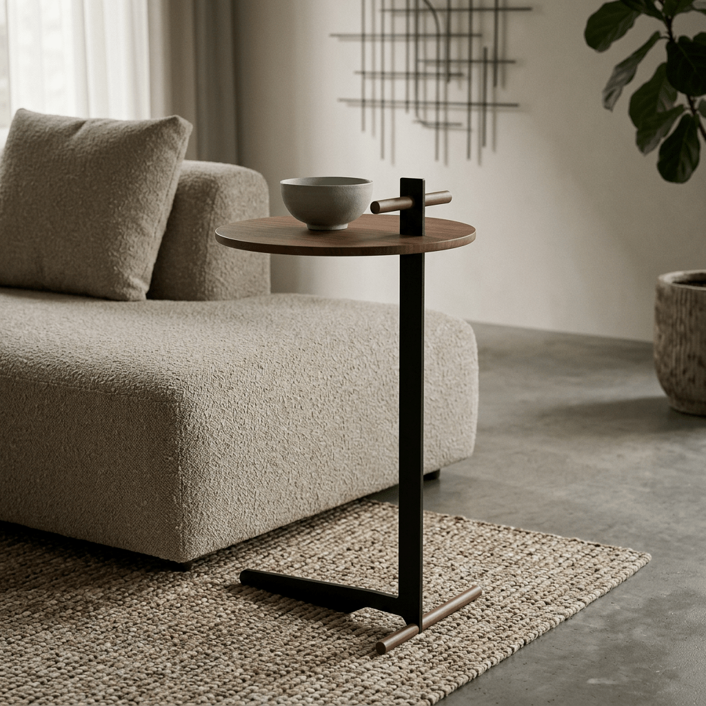 Mesa lateral de tampo redondo com haste lateral em sala de estar com sofá, tapete e planta