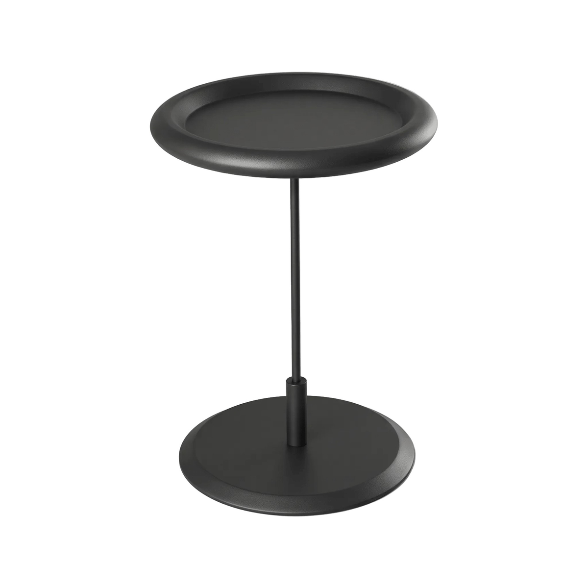 Mesa lateral redonda pintada com tampo de borda elevada, haste fina de aço e base circular