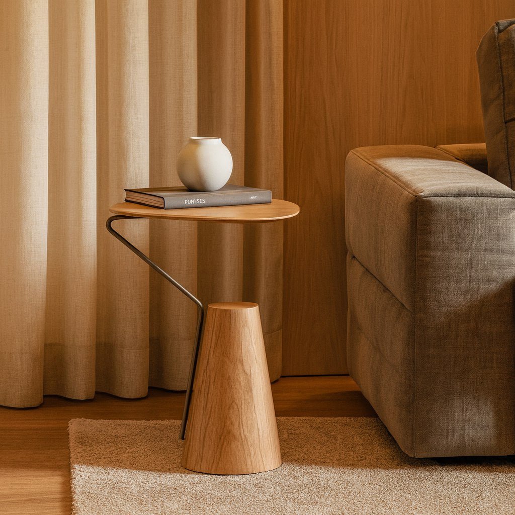 Mesa lateral de madeira com base cônica em sala de estar com sofá, cortina e tapete