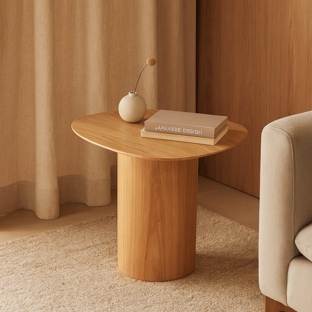 Mesa lateral de madeira com base cilíndrica em sala de estar com cortina, poltrona e livros