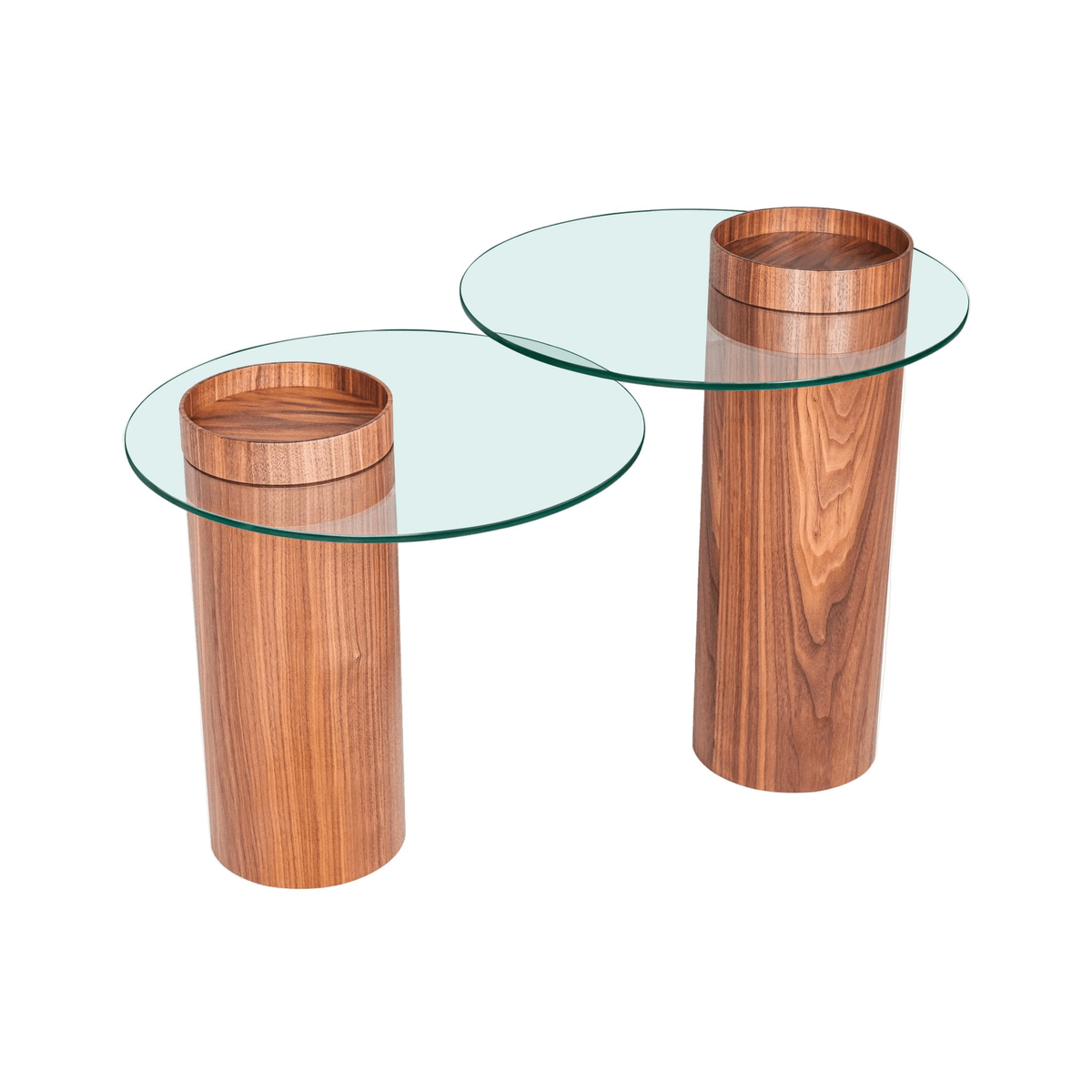 Mesas laterais de coluna de madeira em alturas diferentes com tampos de vidro fora do eixo