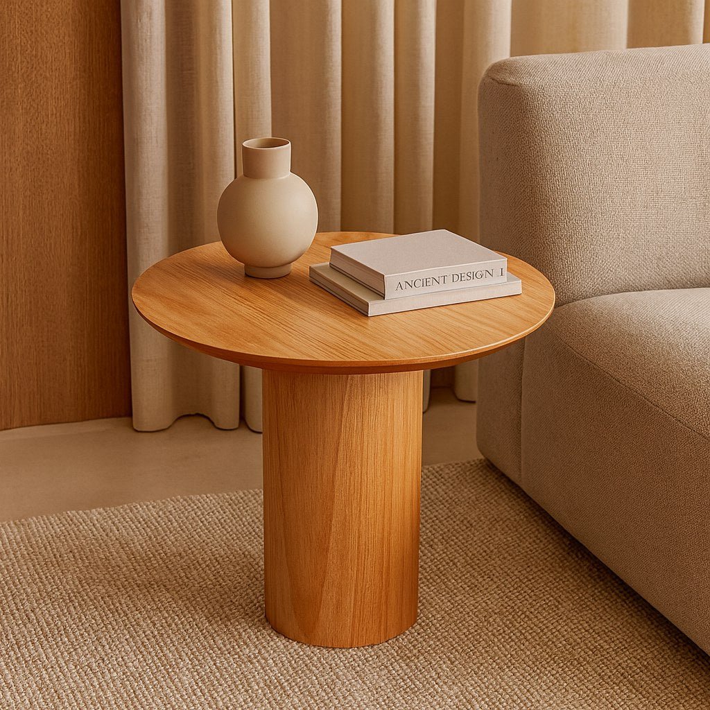 Mesa lateral de madeira com coluna central em sala de estar com sofá, vaso e livros