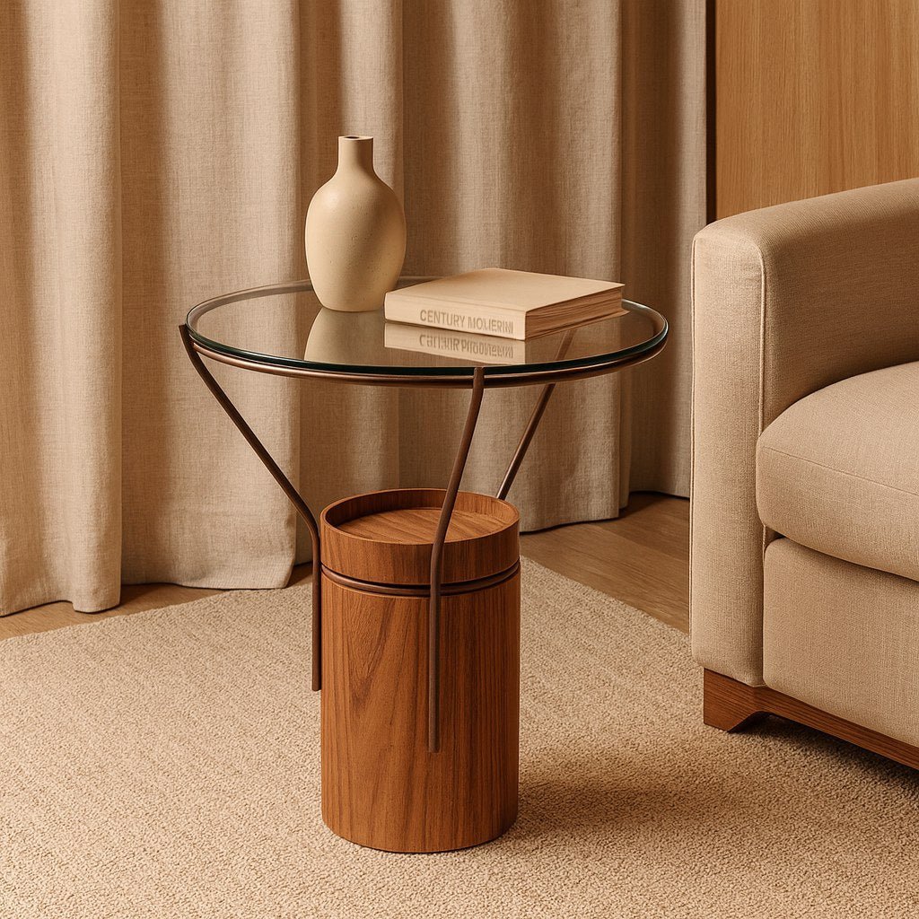 Mesa lateral de tampo de vidro e pé de madeira em sala de estar com sofá, cortina e vaso