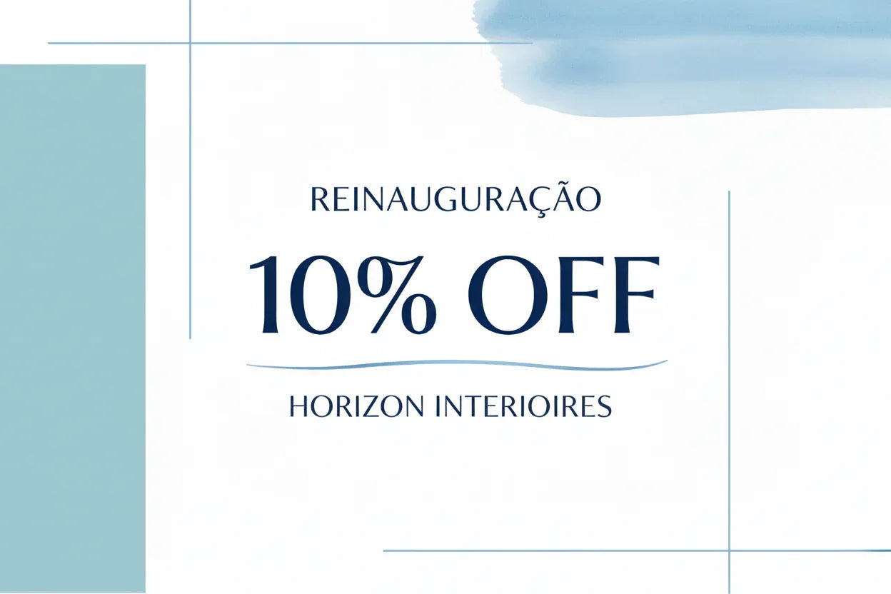 Banner de reinauguração com oferta de 10% off, fundo azul claro, texto moderno.