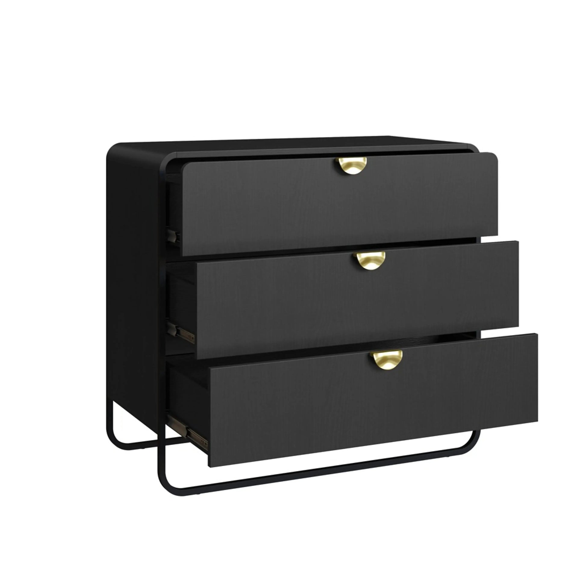 Cômoda Dalia 3 Gavetas 90cm acabamento Nero/Preto com pés metálicos e design orgânico