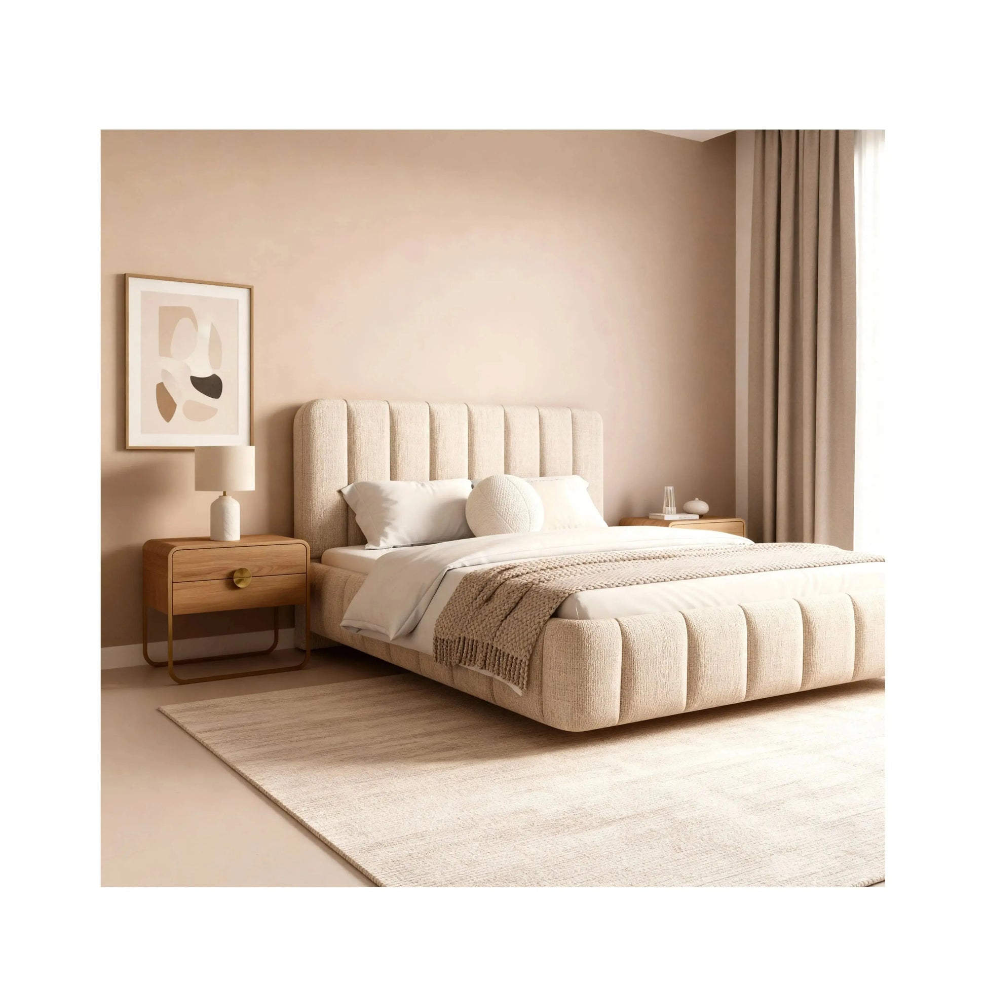 Cama Noir com cabeceira alta em acabamento escuro e design minimalista sofisticado