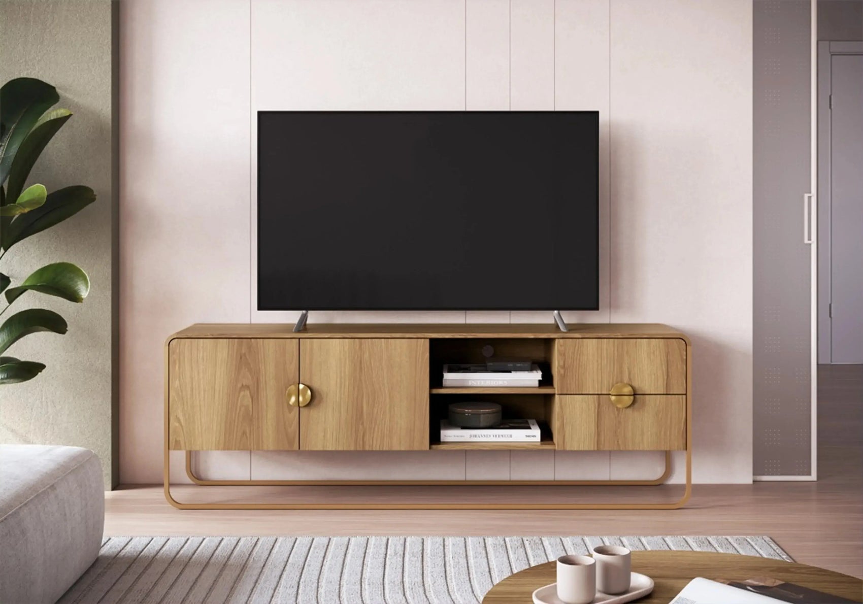 Rack Dalia 180cm 2 Portas e 2 Gavetas acabamento Hanover/Dourado com pés metálicos dourados