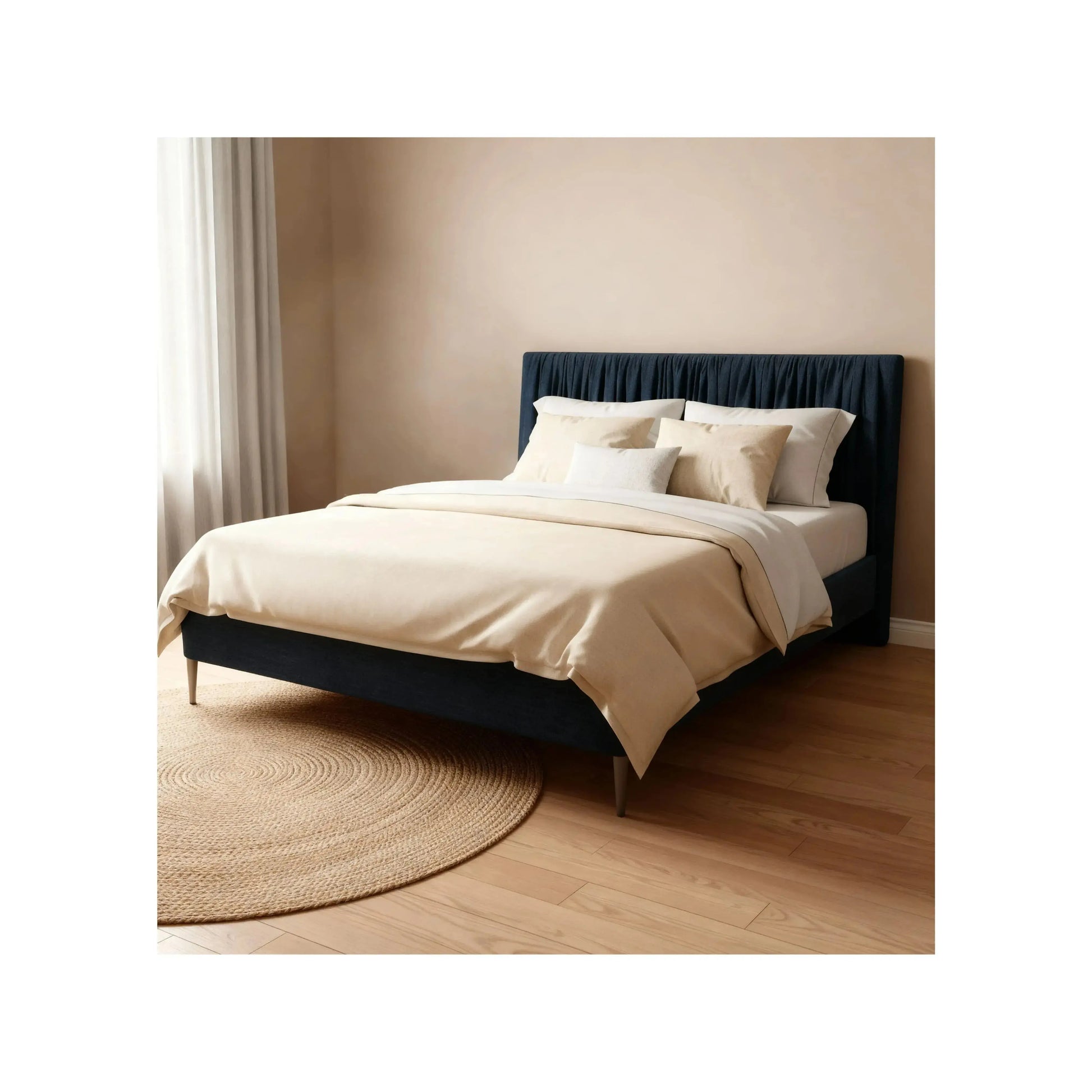 Cama Nyra – cama estofada minimalista em eucalipto de reflorestamento