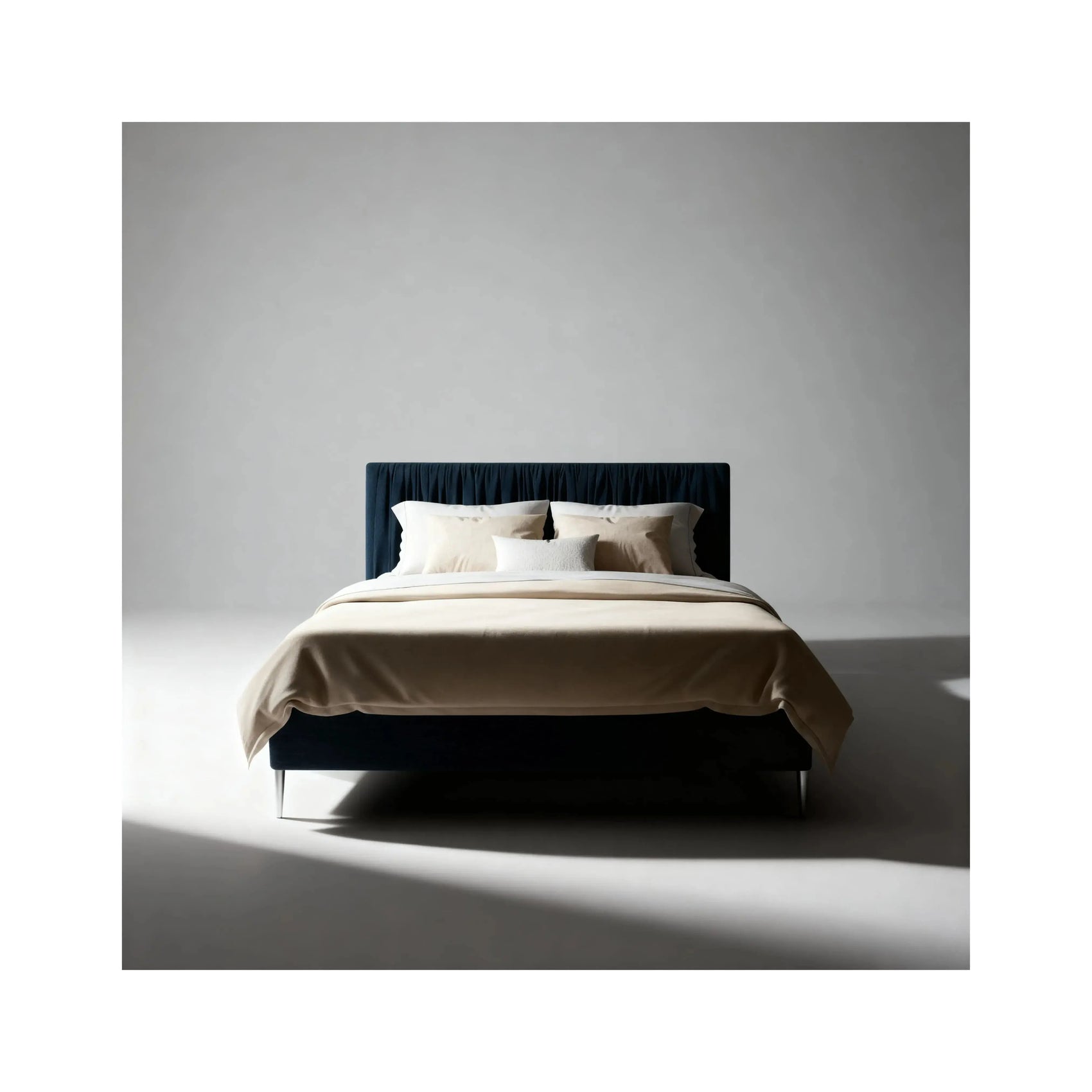 Cama Nyra – cama estofada minimalista em eucalipto de reflorestamento