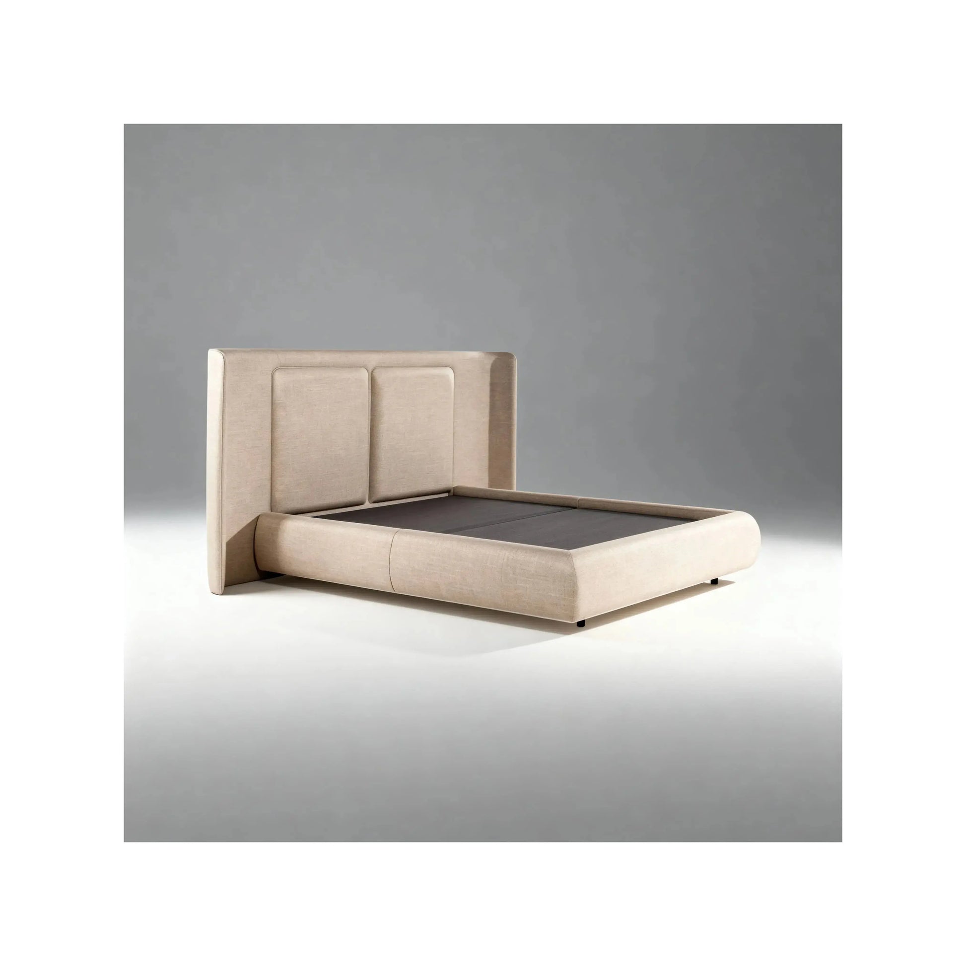 Cama Orion – cama estofada de design imponente com cabeceira de grande porte em linho ou bouclé