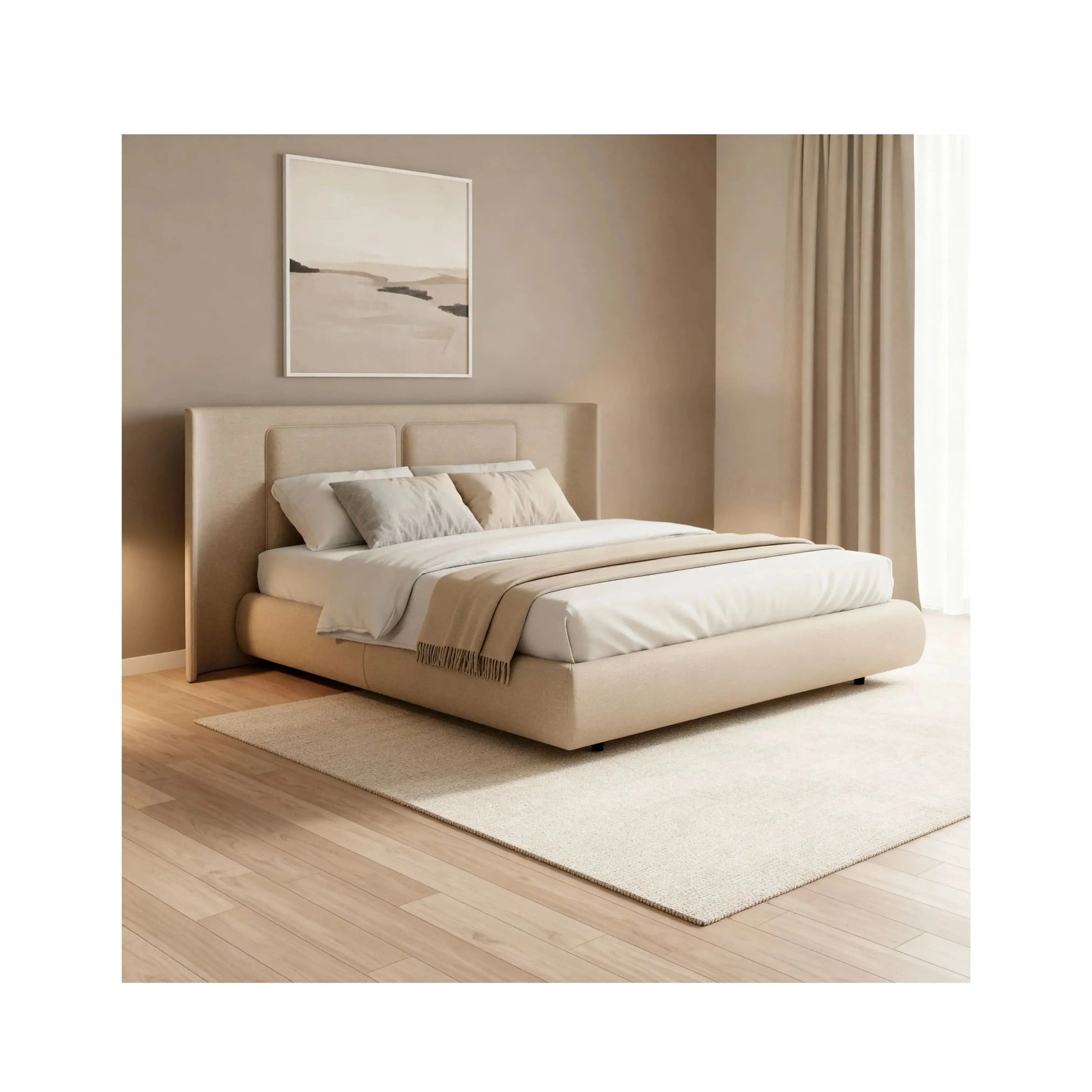 Cama Orion – cama estofada de design imponente com cabeceira de grande porte em linho ou bouclé