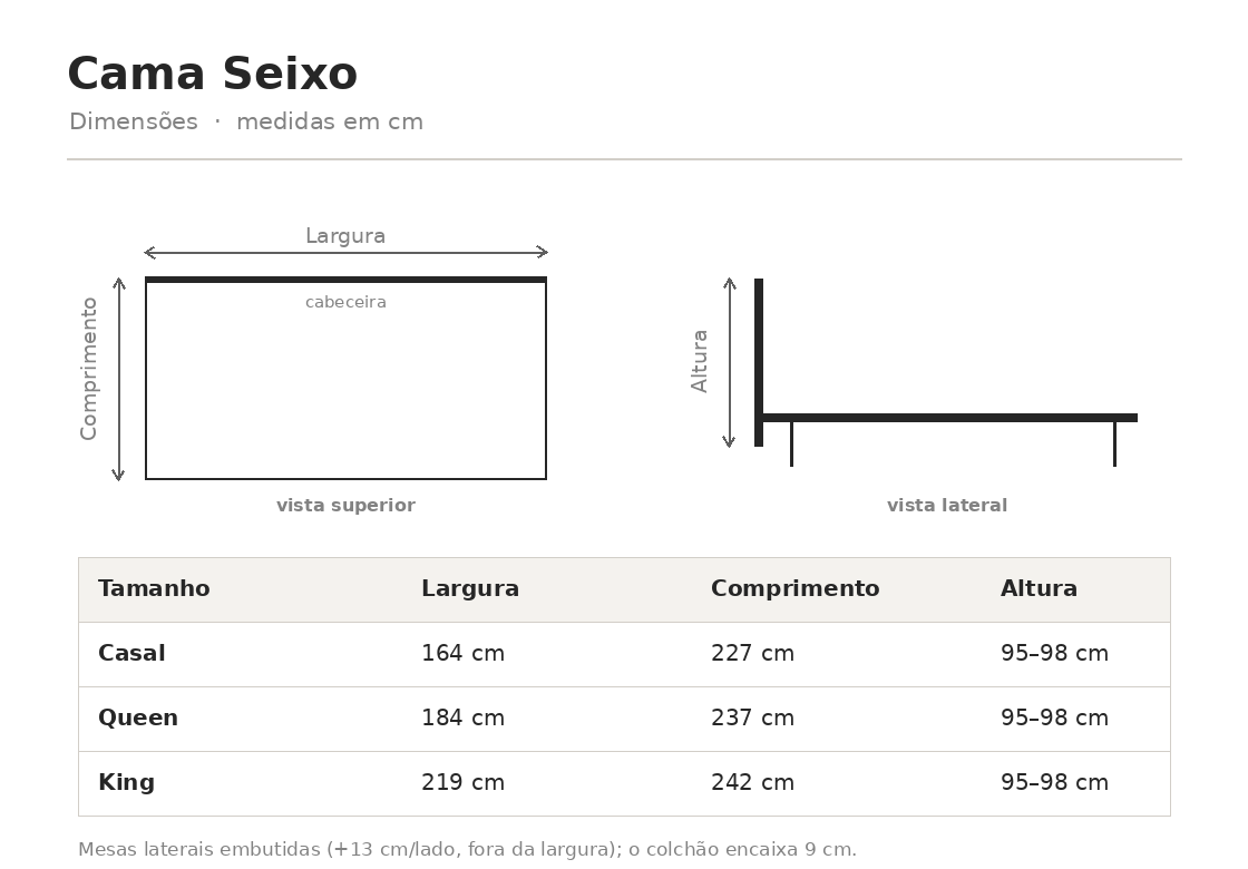 Desenho técnico — Cama Seixo (medidas em cm)