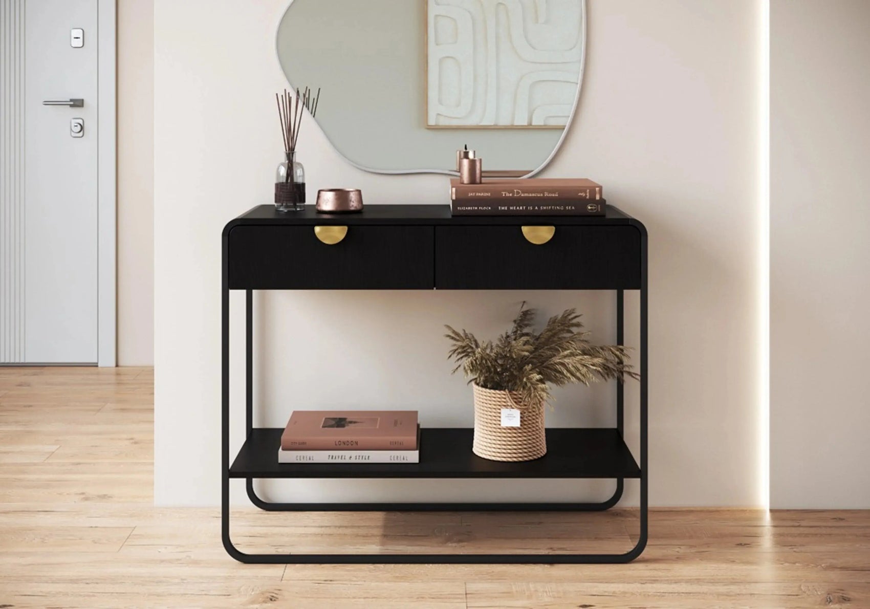 Aparador Dalia 100cm 2 Gavetas acabamento Nero/Preto com pés metálicos e design orgânico