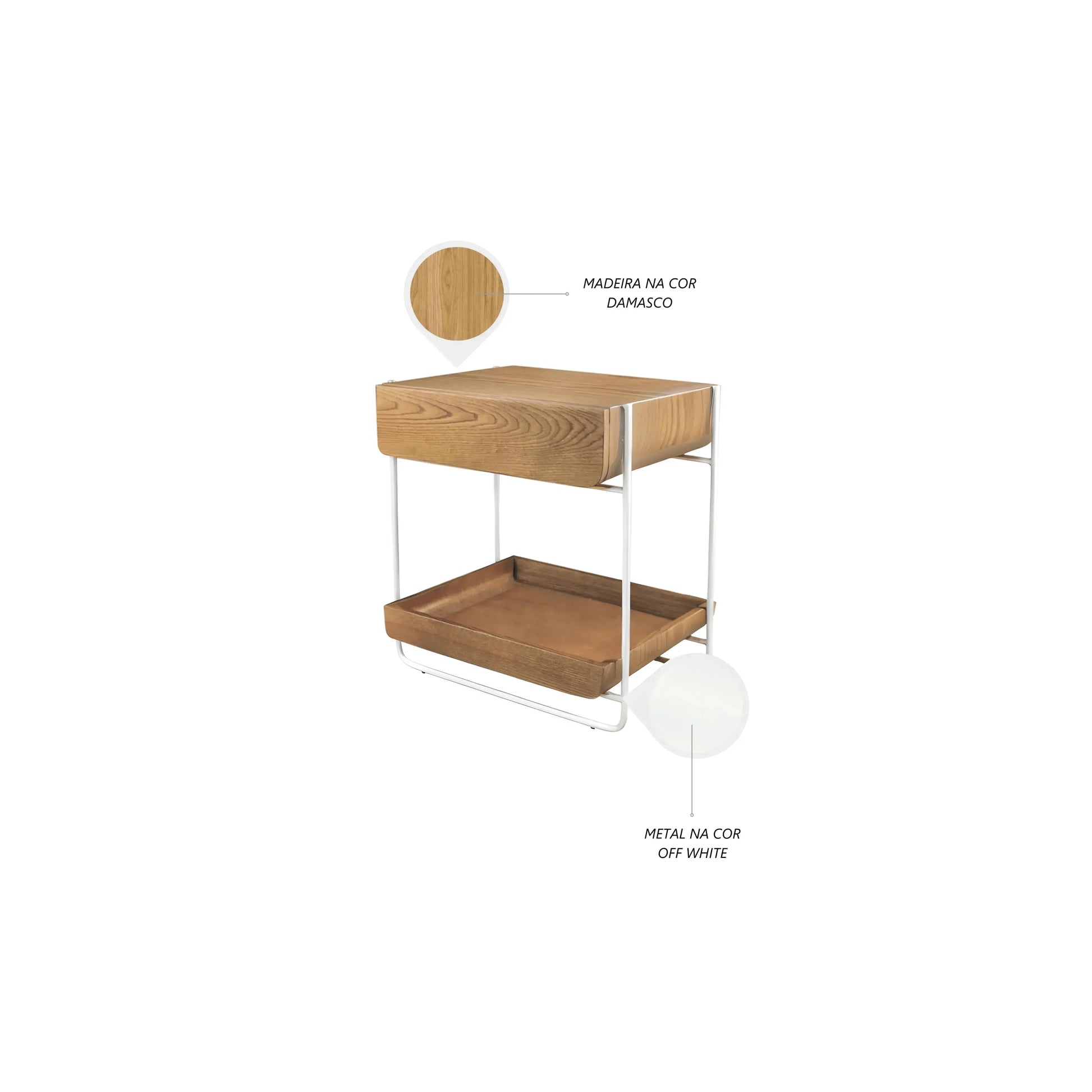 Mesa de Cabeceira Canoa – mesa em Madeira Damasco e Metal Off-White com bandeja integrada
