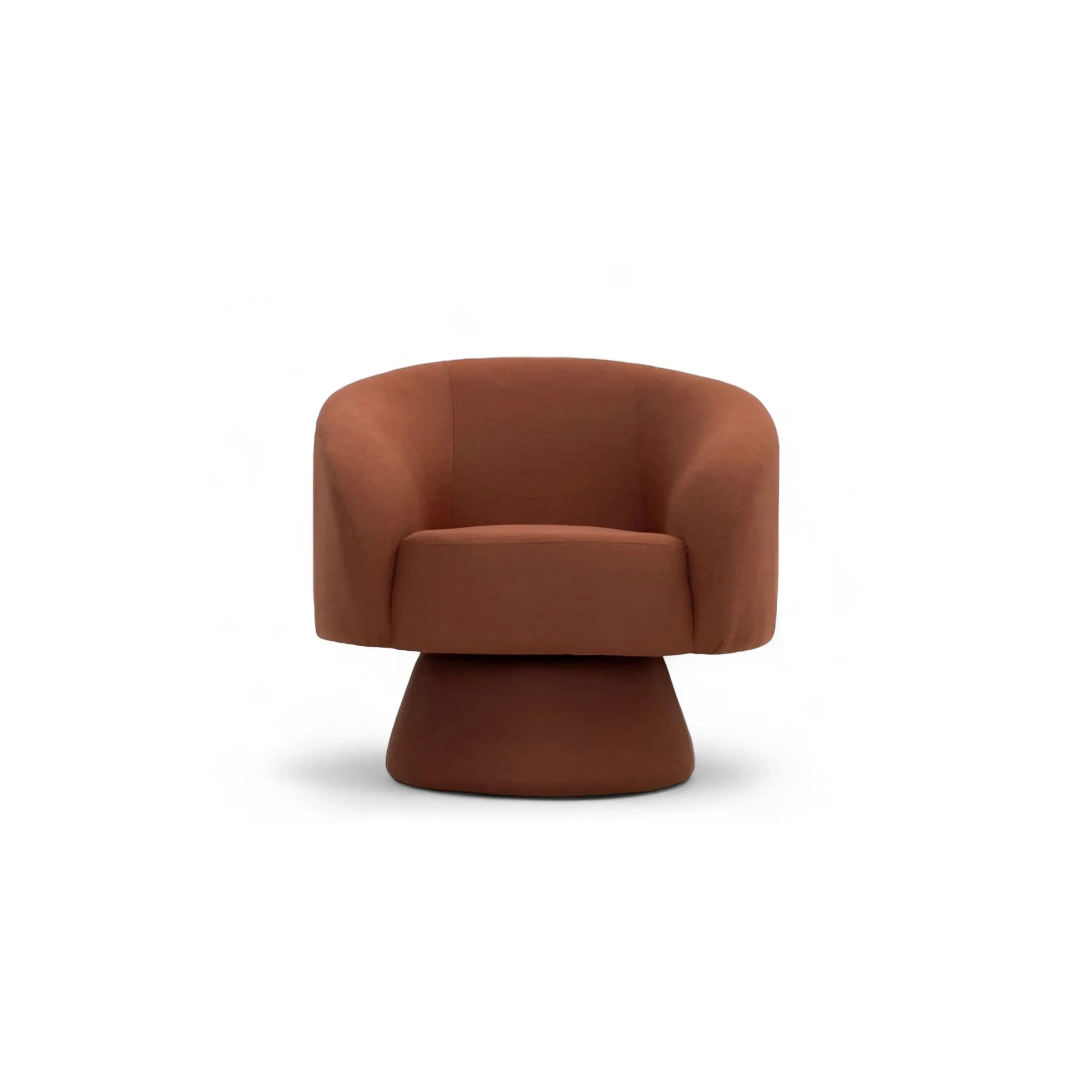Poltrona Whisky – barril em veludo terracota com base pedestal cônica giratória