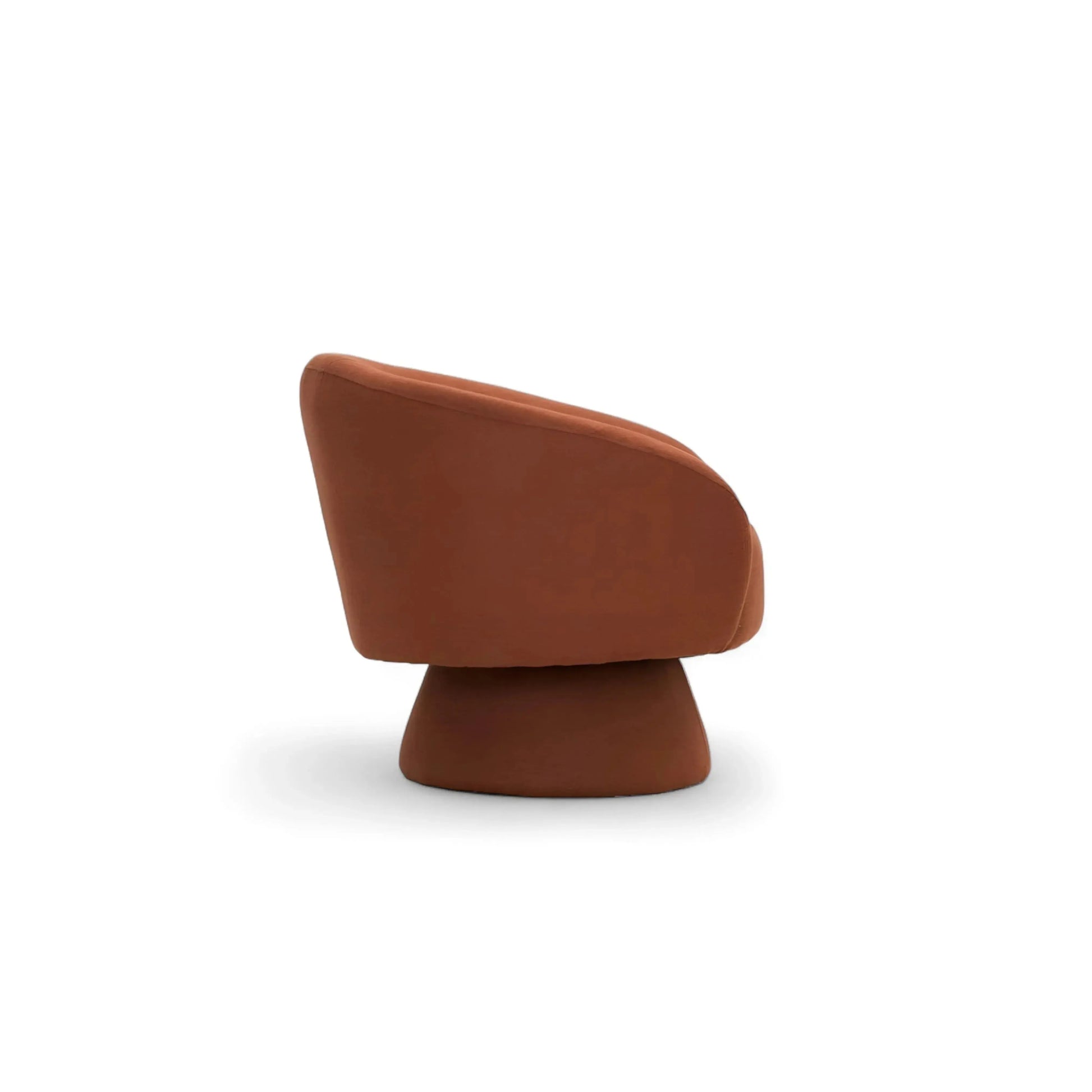 Poltrona Whisky – barril em veludo terracota com base pedestal cônica giratória