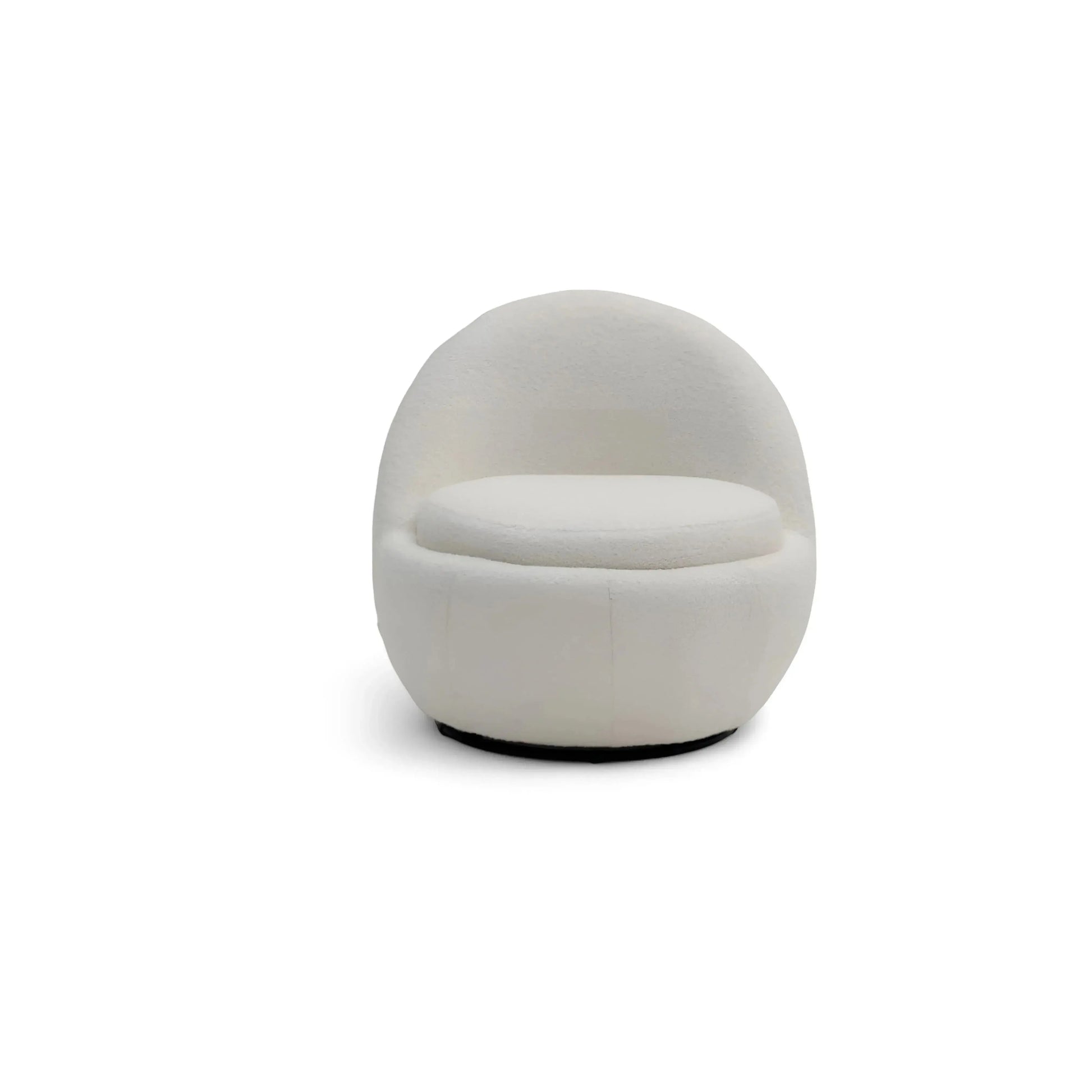 Poltrona Eco – forma esférica em bouclé branco com base giratória preta 360 graus