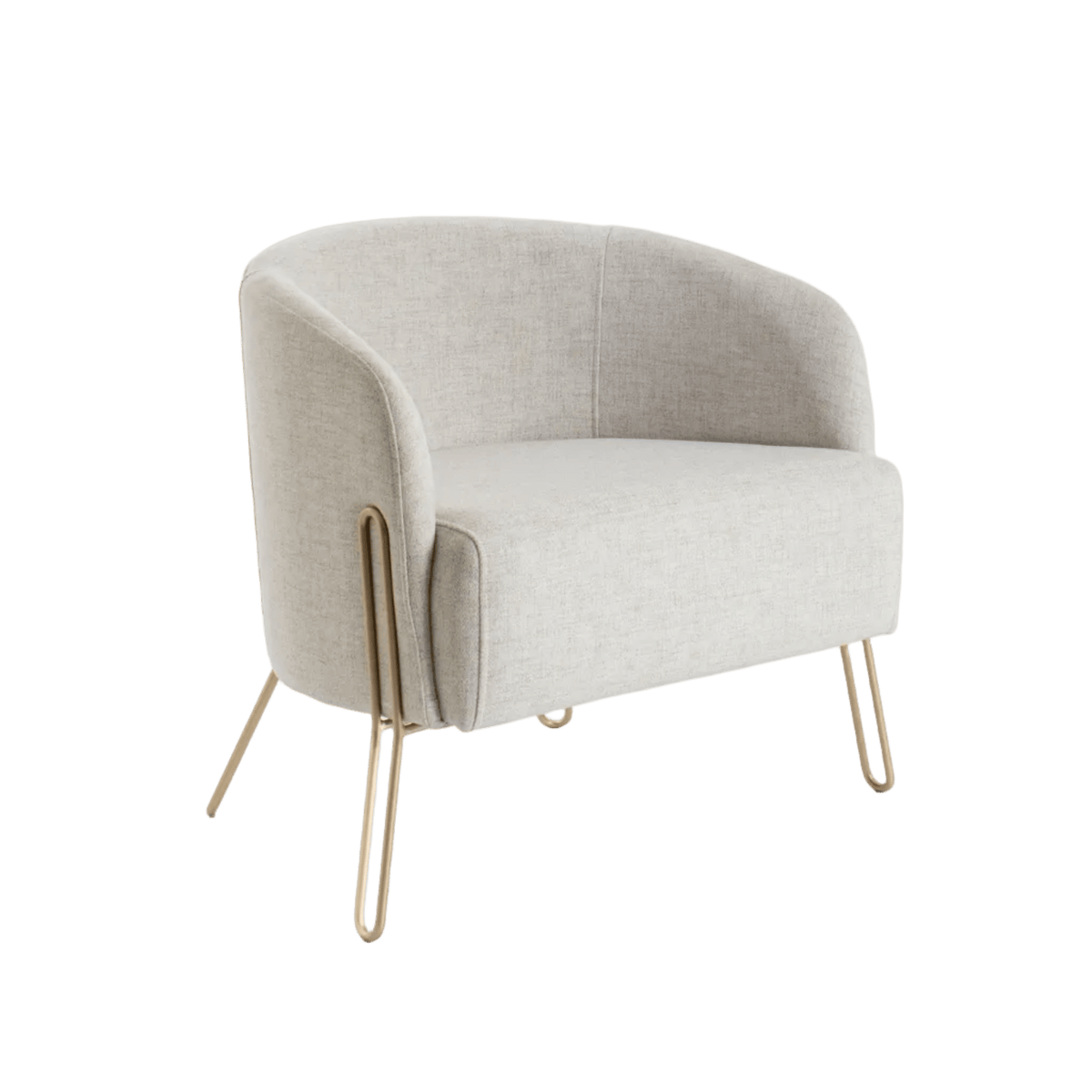 Poltrona estofada em tecido, com braços arredondados e pernas de madeira