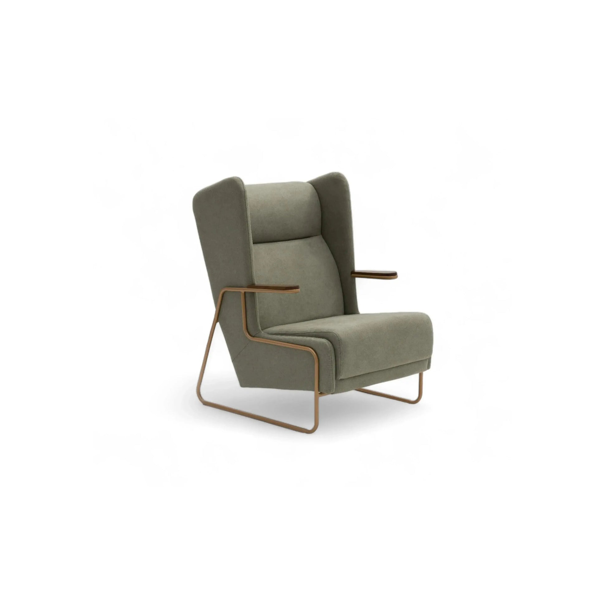Poltrona Serenity – wingback em tecido verde sage com frame metálico rosé e puff incluso