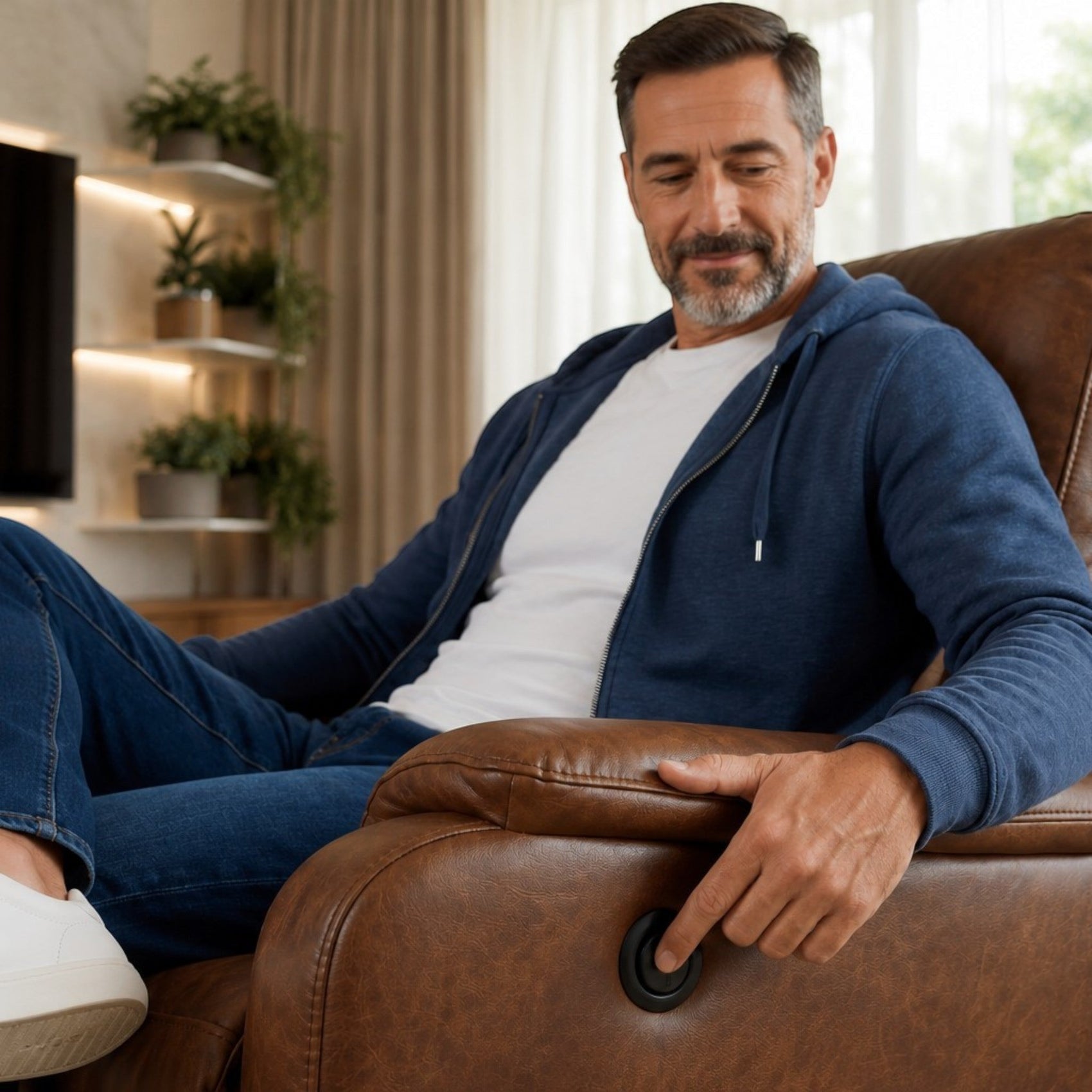 Poltrona reclinável marrom com encosto alto, apoio para os pés e alavanca circular