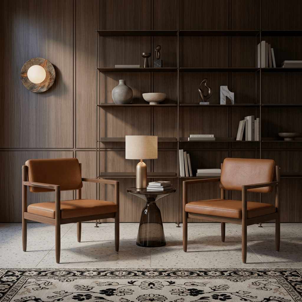 Poltronas com base de madeira em sala de estar com estante, mesa lateral de vidro e tapete estampado