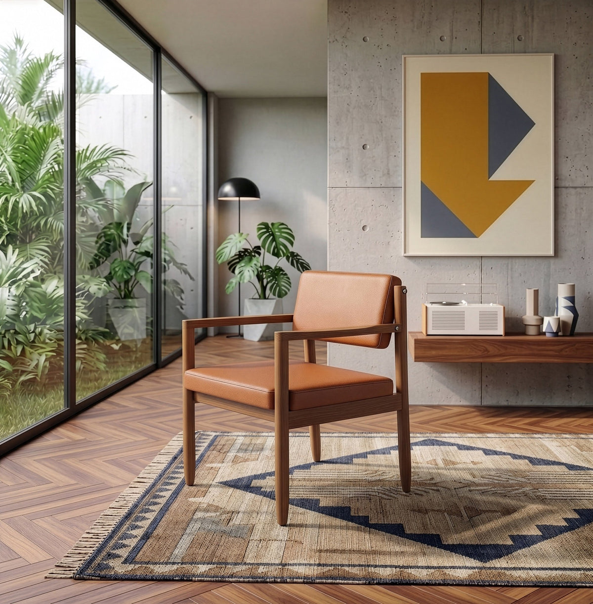 Poltrona com base de madeira em sala de estar com parede de vidro para o jardim, quadro e tapete geométrico