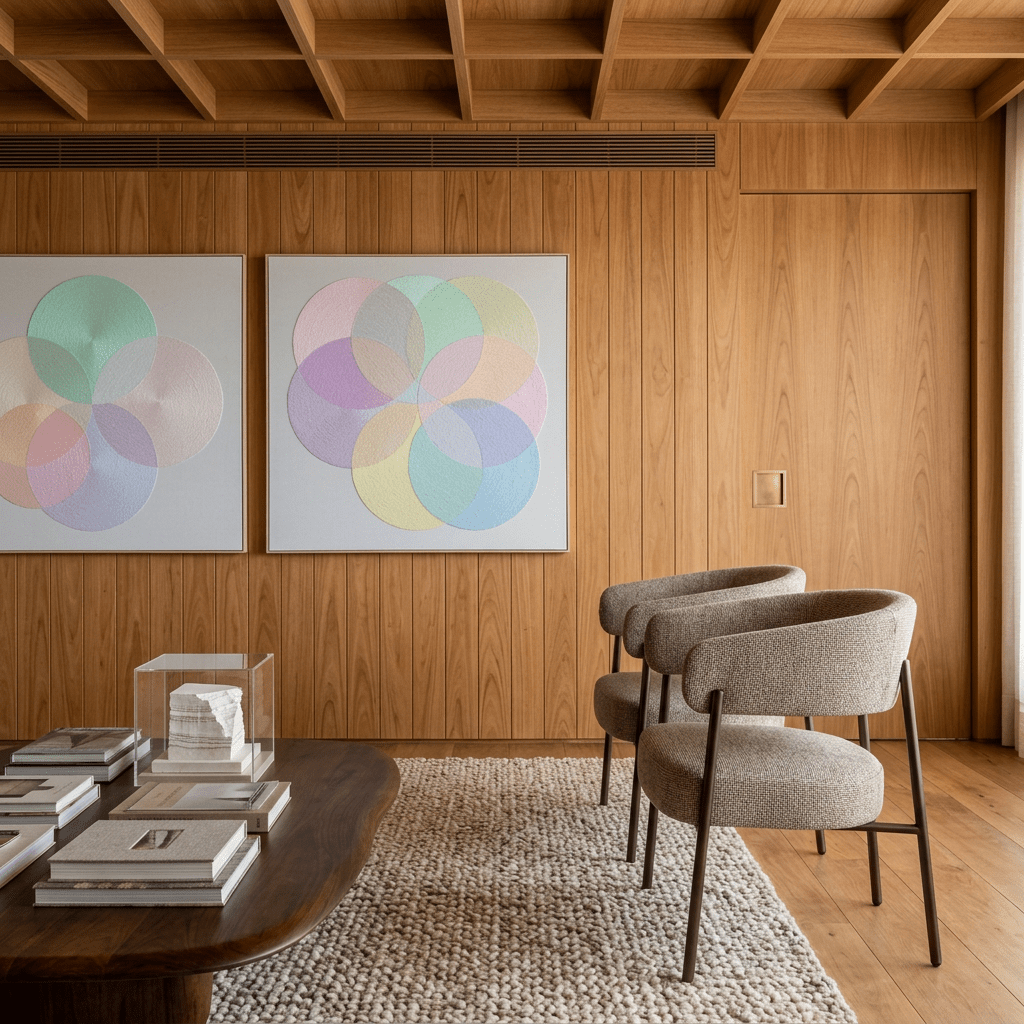 Poltronas de encosto curvo em sala de estar com parede de madeira, quadros coloridos e mesa de centro