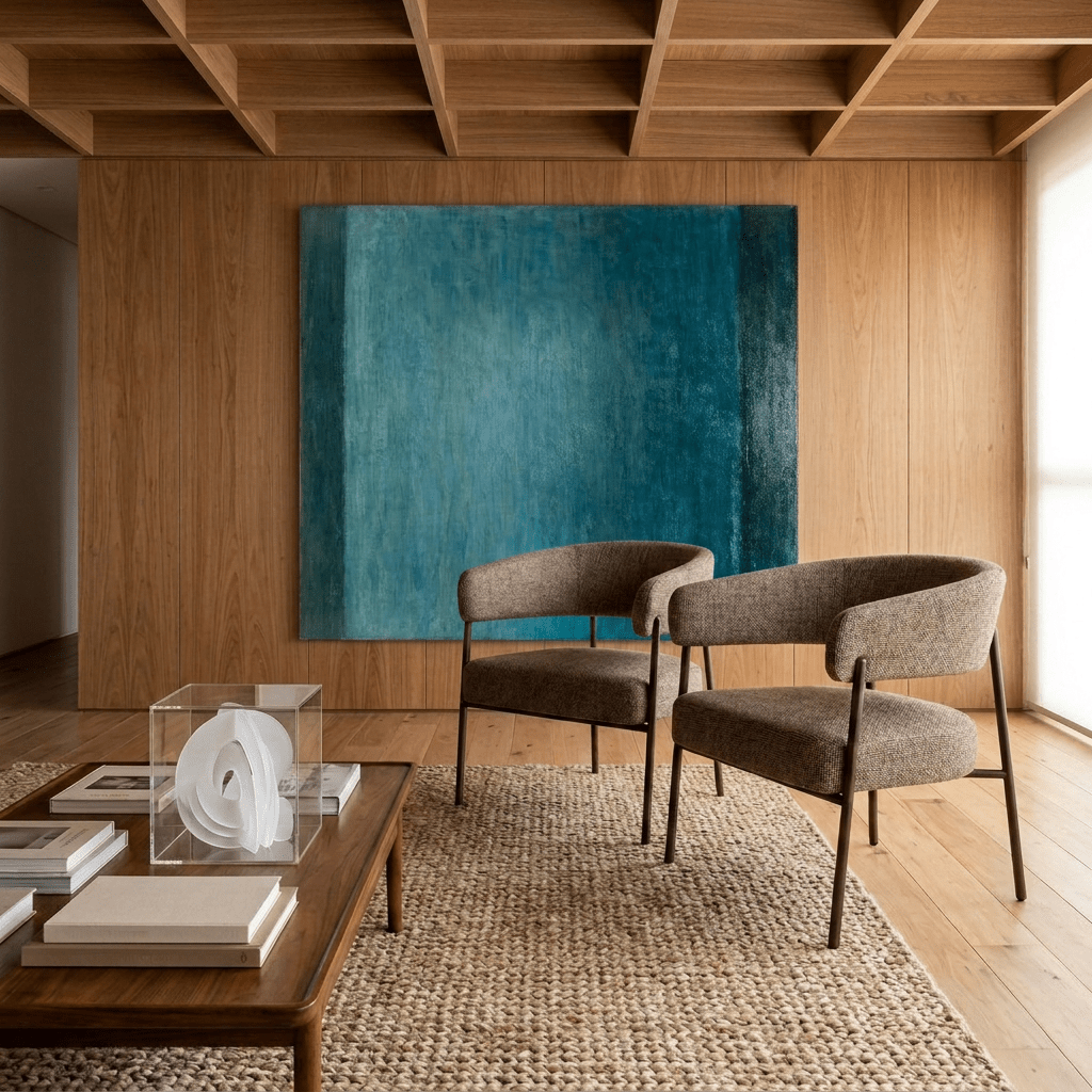 Poltronas de encosto curvo em sala de estar com teto de madeira, quadro grande e mesa de centro com livros