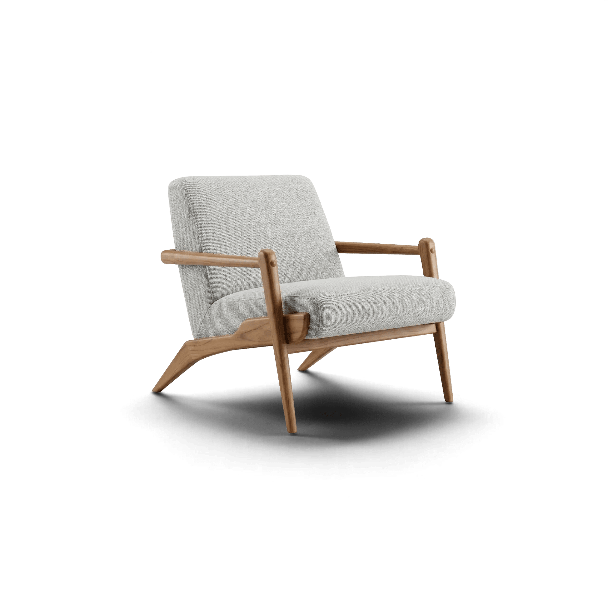 Poltrona Essencial cinza com braços e base de madeira, design moderno.