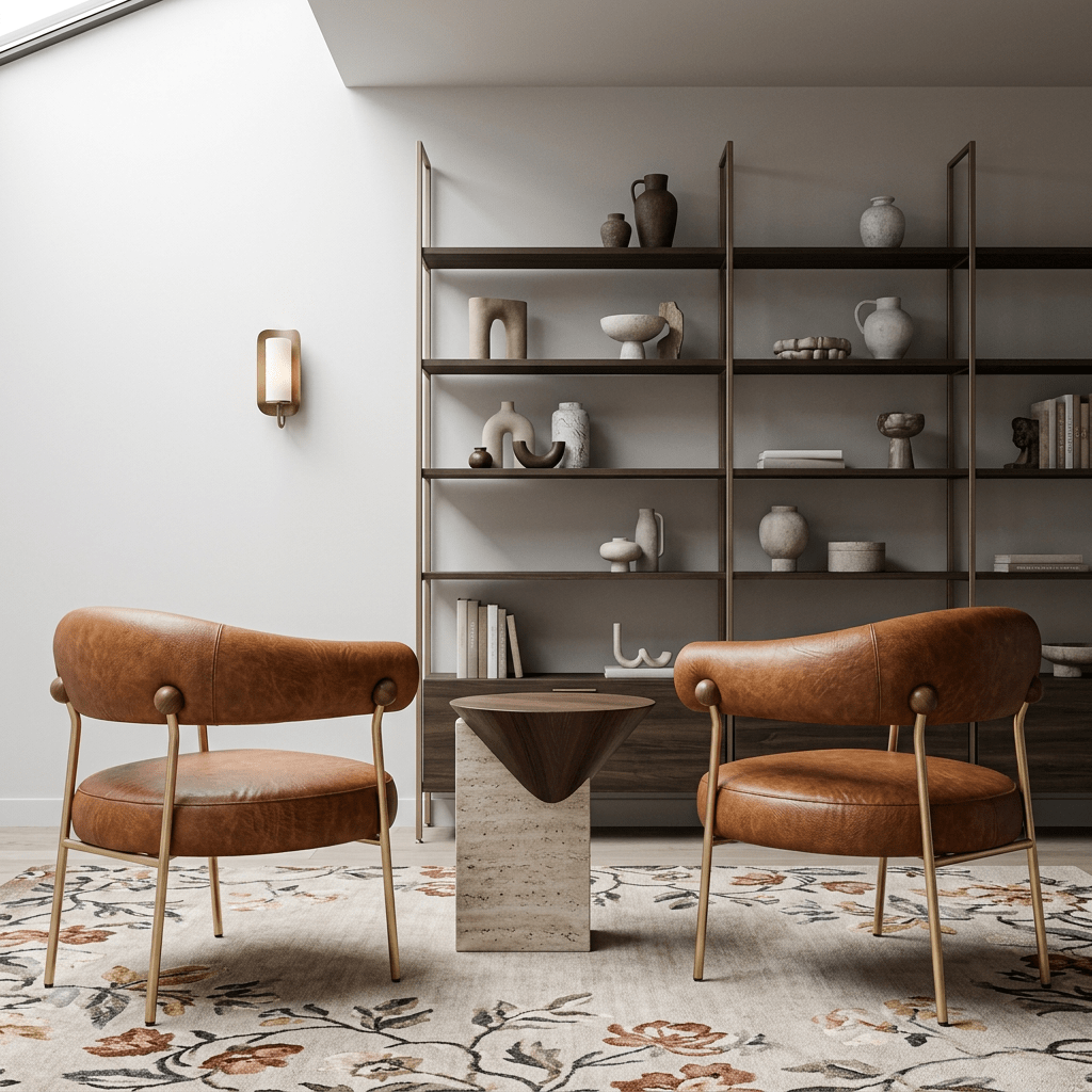 Poltronas com revestimento liso em sala de estar com estante de metal, arandela e tapete estampado