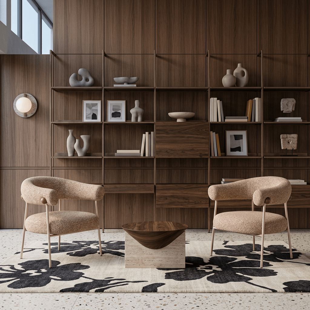 Poltronas lado a lado em sala de estar com estante de madeira, mesa de centro e tapete com estampa floral