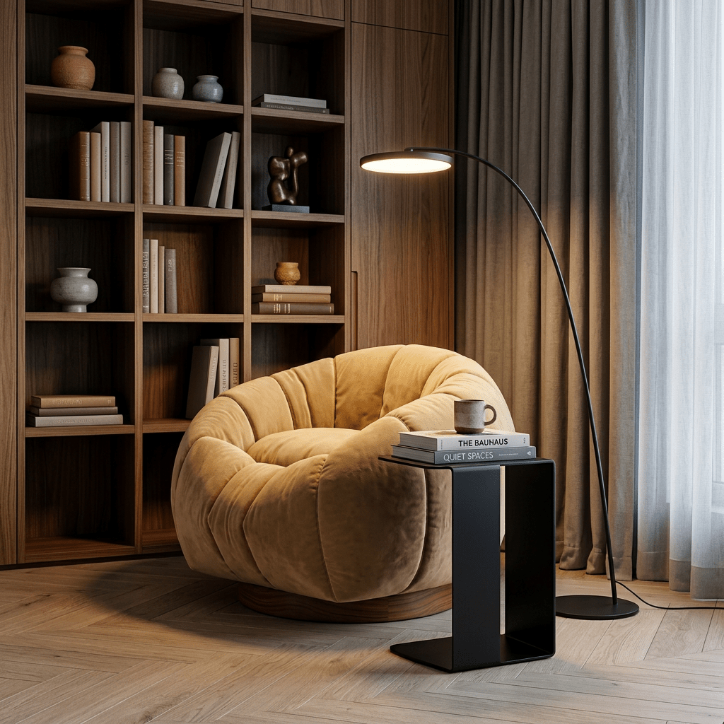 Poltrona de gomos em sala de estar com estante de madeira, luminária de arco e mesa lateral de metal