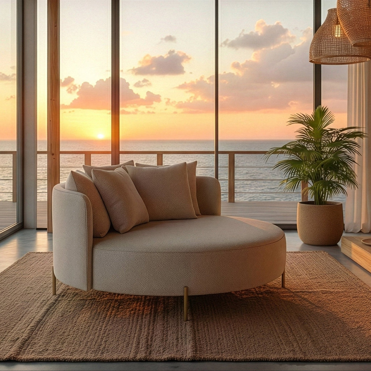 Poltrona redonda em sala com porta de vidro para varanda com vista para o mar, vaso com planta e tapete